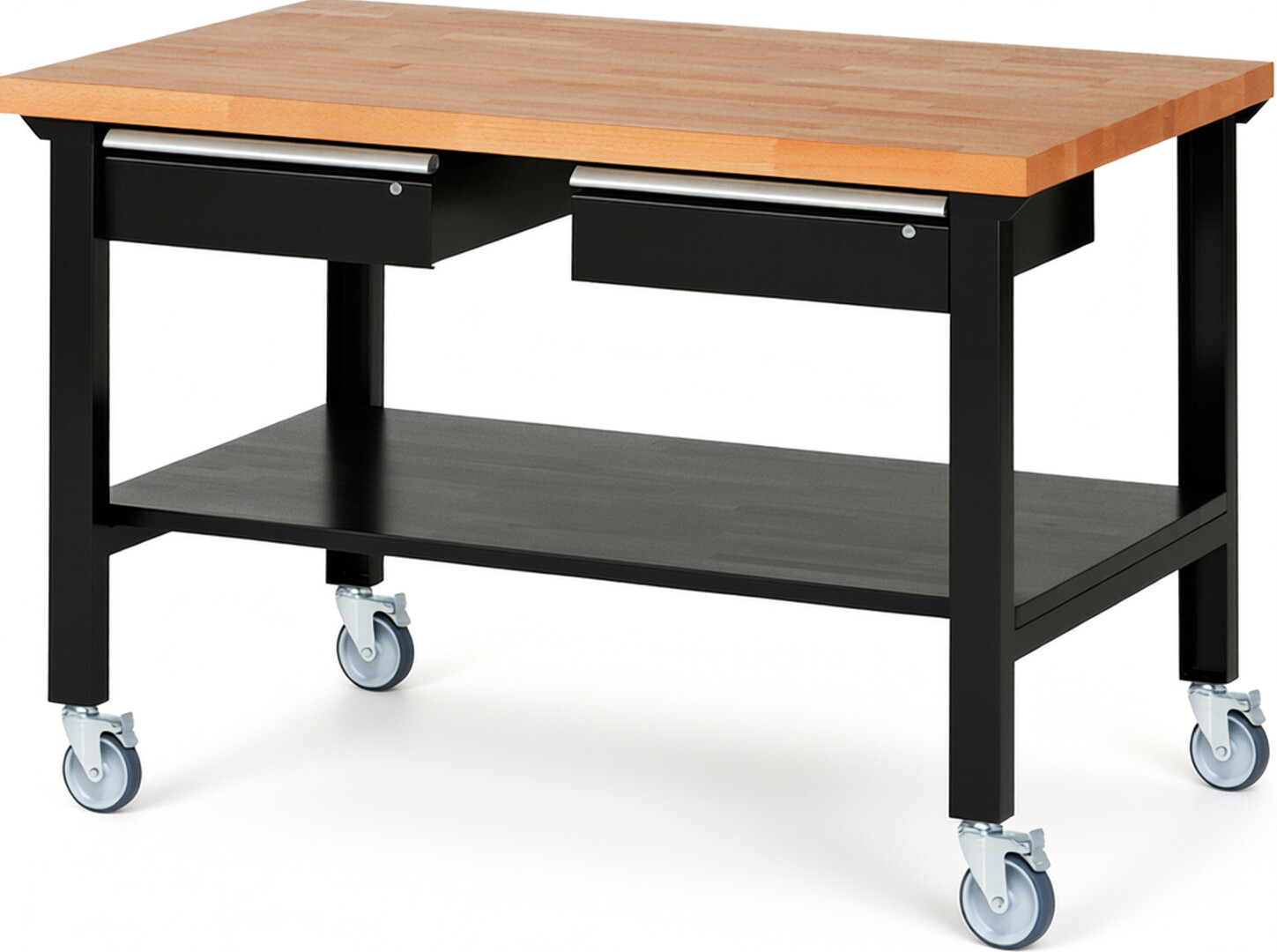Fahrbare Werkbank Modell 7002 schwarz, BxTxH 1500x900x1000 mm,  Buche-Massiv Arbeitsplatte 40 mm,  2 Schubladen mit  Auszug 90 %