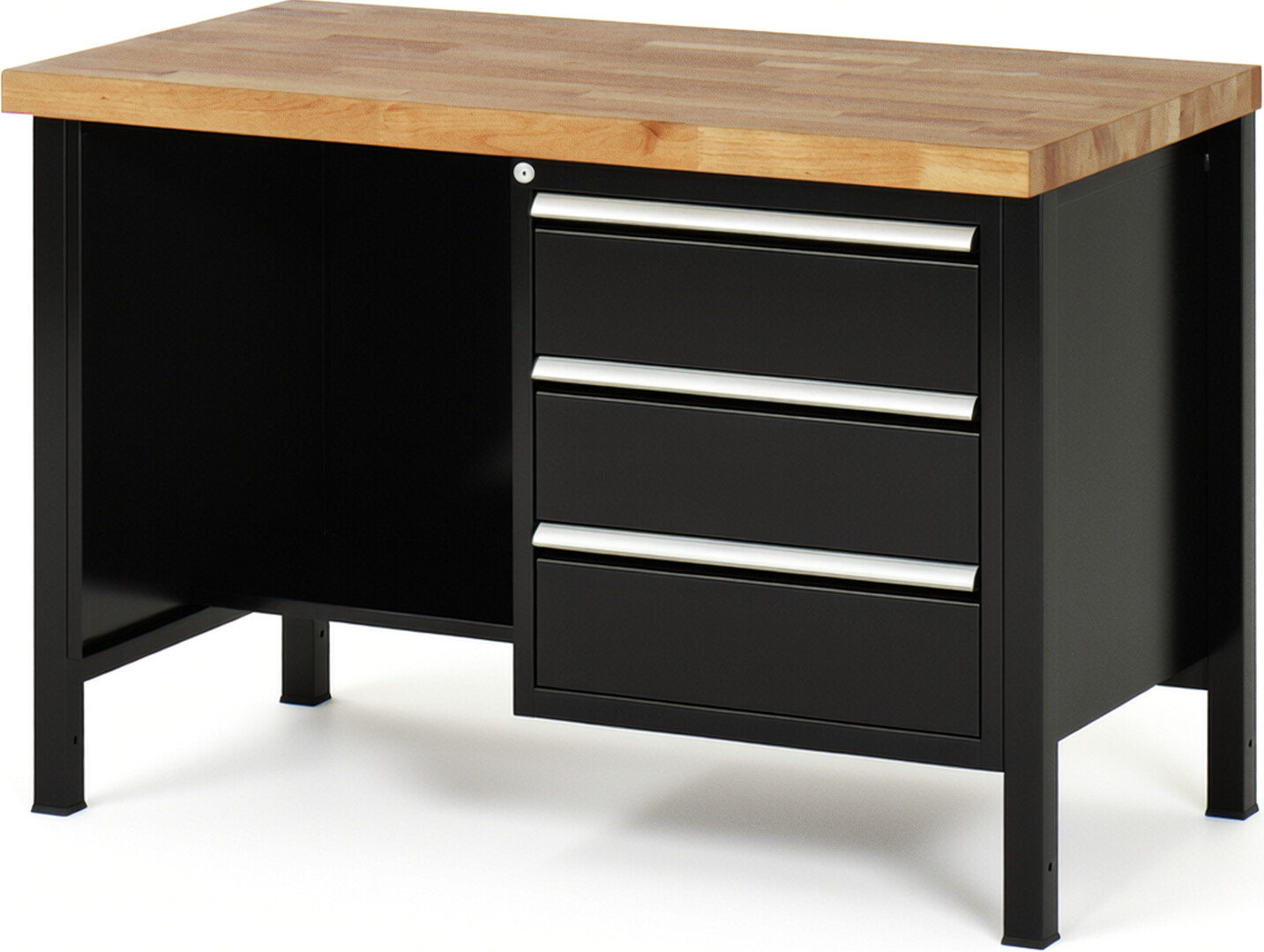Werkbank Modell 8452 schwarz, BxTxH 1250x700x840 mm,  Buche-Massiv Arbeitsplatte 40 mm,  3 Schubladen mit  Vollauszug 100 % und  SoftClosing