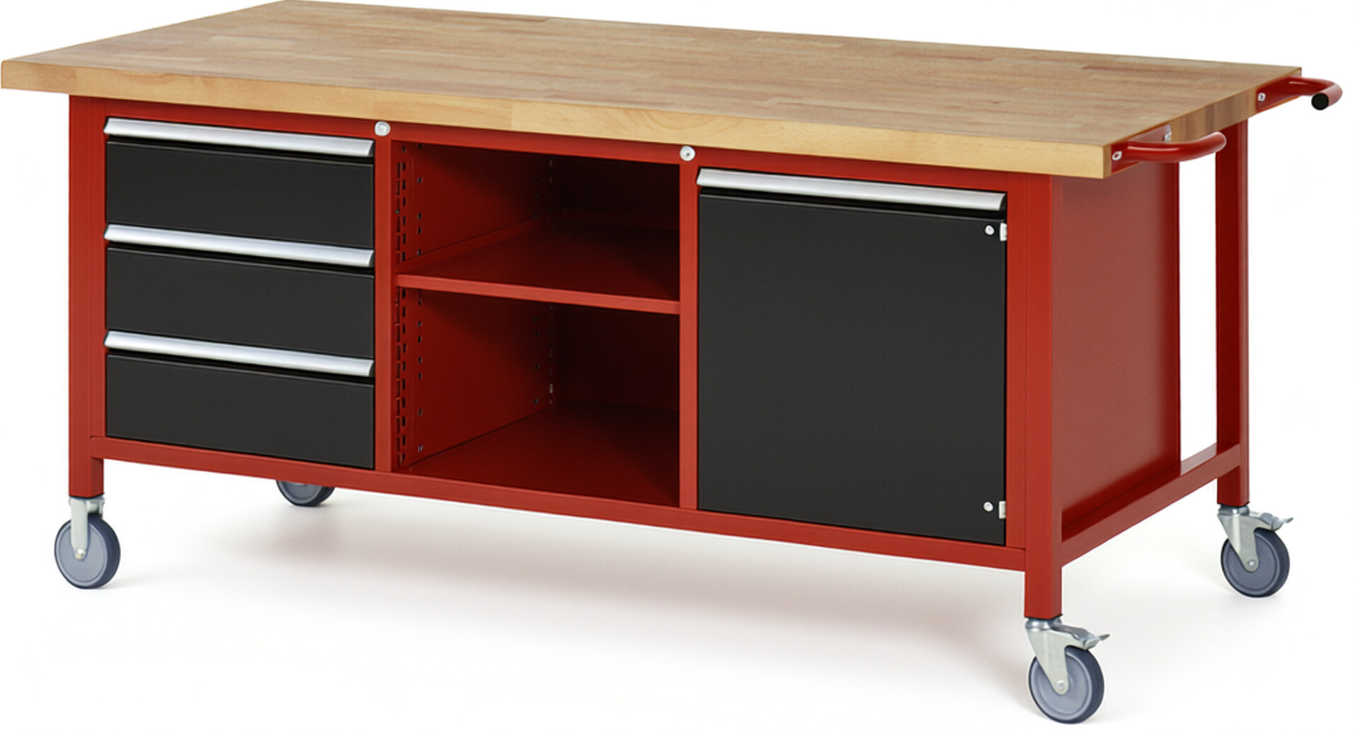 Fahrbare Werkbank Modell 8563 rot - schwarz, BxTxH 2000x900x880 mm,  Buche-Massiv Arbeitsplatte 40 mm,  3 Schubladen mit  Auszug 90 %
