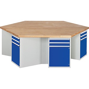 Gruppenwerkbank, Breite 270 cm, Tiefe 234 cm, Höhe 84 cm, 12 Schublade(n), Platte: Buche-Riegel