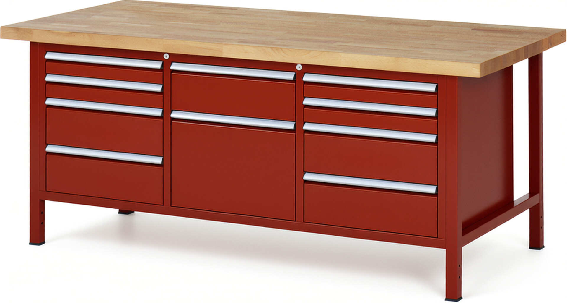 Werkbank Modell 8575 rot, BxTxH 2000x900x840 mm,  Buche-Massiv Arbeitsplatte 40 mm,  10 Schubladen mit  Auszug 90 %