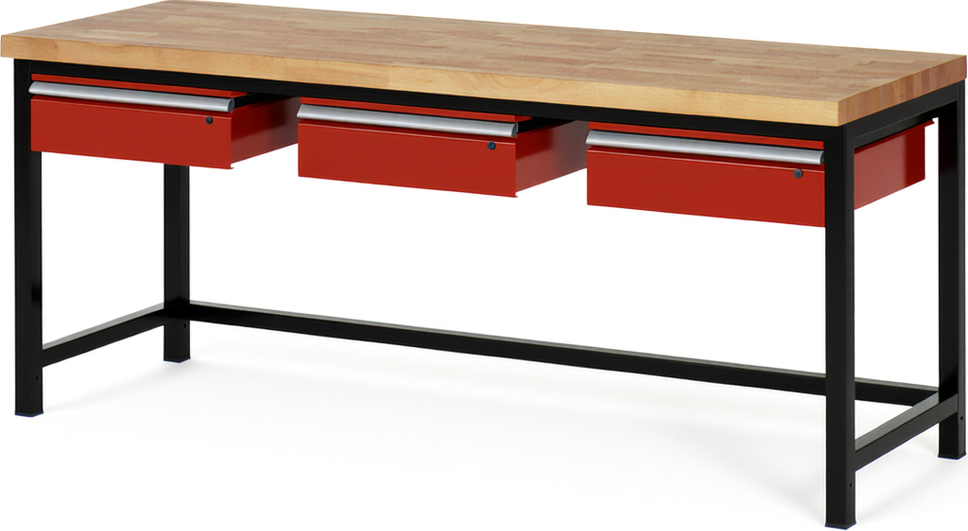 RAU Werkbank schwarz - rot - Breite 200 cm - Tiefe 70 cm - Höhe 104 cm - Buche-Massiv Arbeitsplatte 40 mm