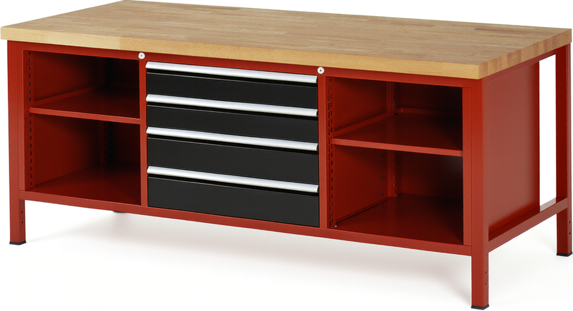 Werkbank Modell 8751 rot - schwarz, BxTxH 2000x900x840-1040 mm,  Buche-Massiv Arbeitsplatte 40 mm,  4 Schubladen mit  Auszug 90 %
