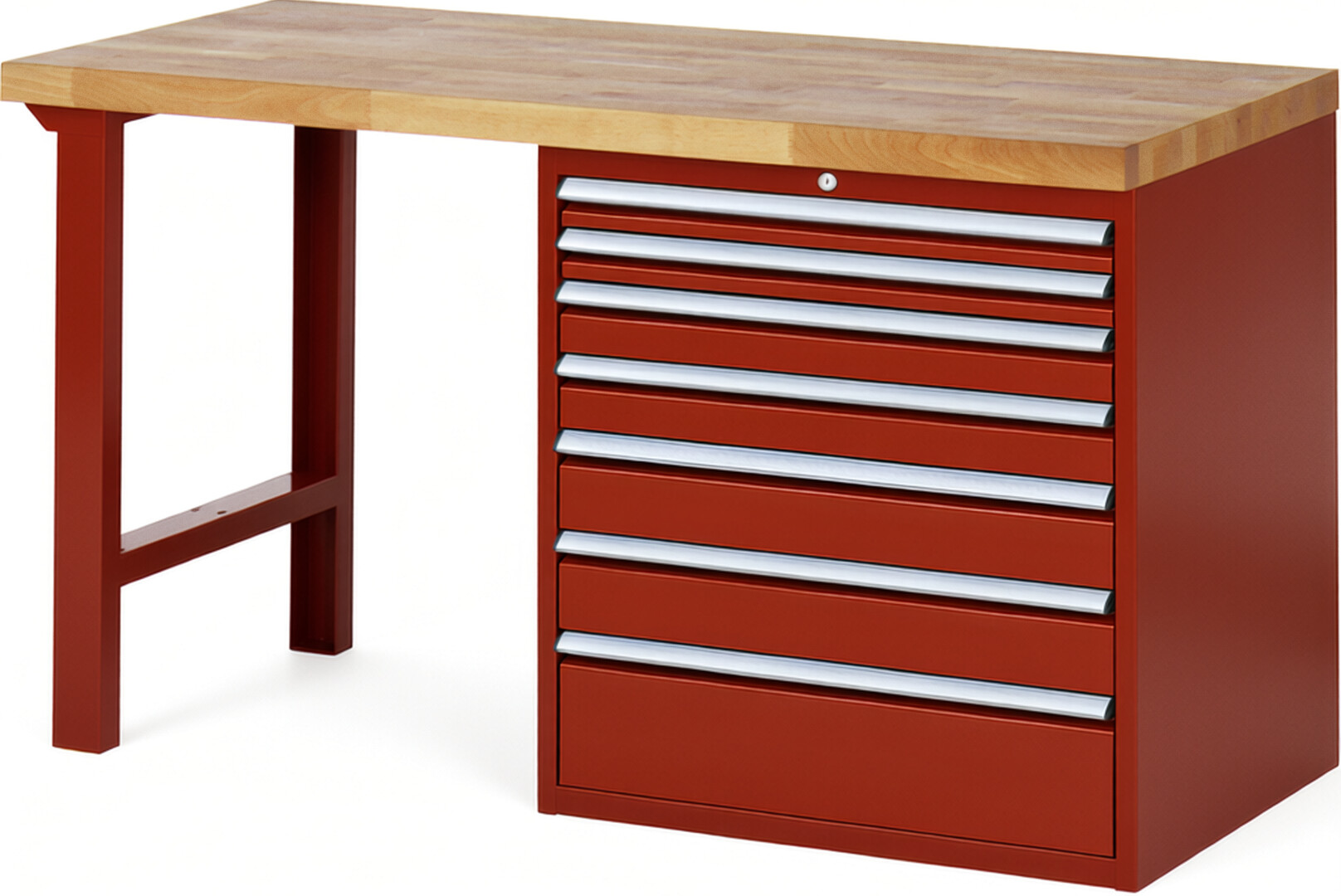 Werkbank Modell 7617 rot, BxTxH 1500x700x840 mm,  Buche-Massiv Arbeitsplatte 40 mm,  7 Schubladen mit  Vollauszug 100 % und  SoftClosing