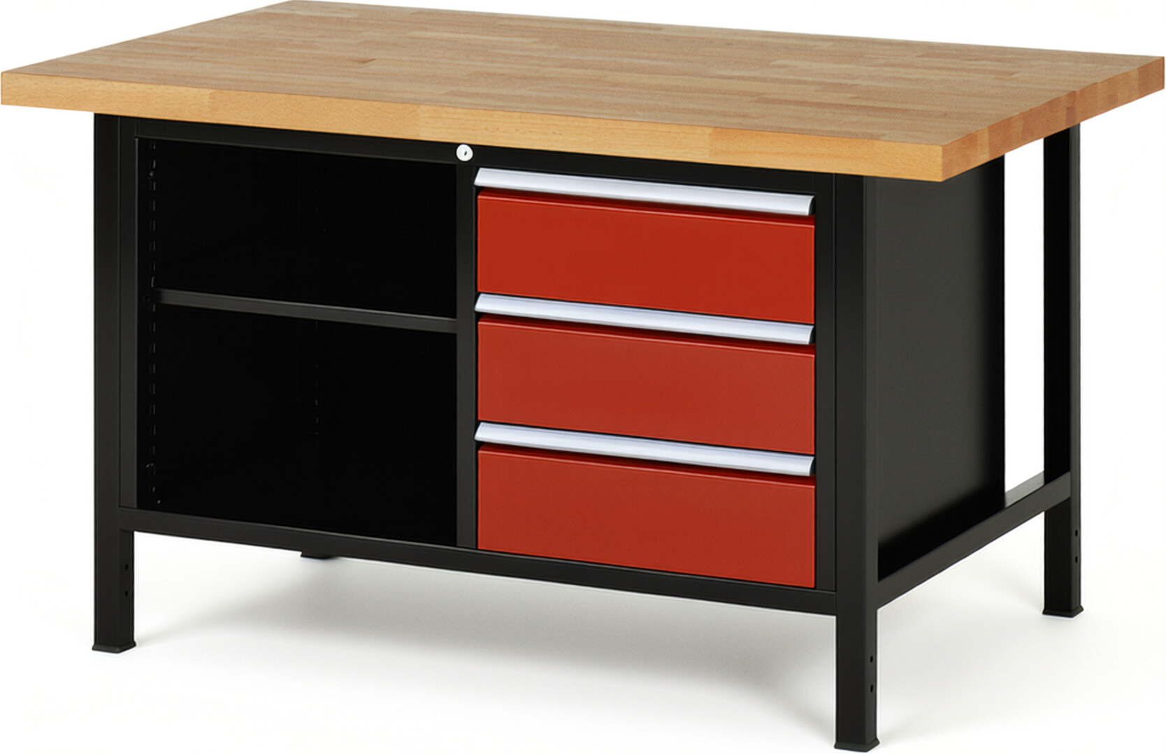 RAU Werkbank schwarz - rot - Breite 150 cm - Tiefe 90 cm - Höhe 104 cm - Buche-Massiv Arbeitsplatte 40 mm