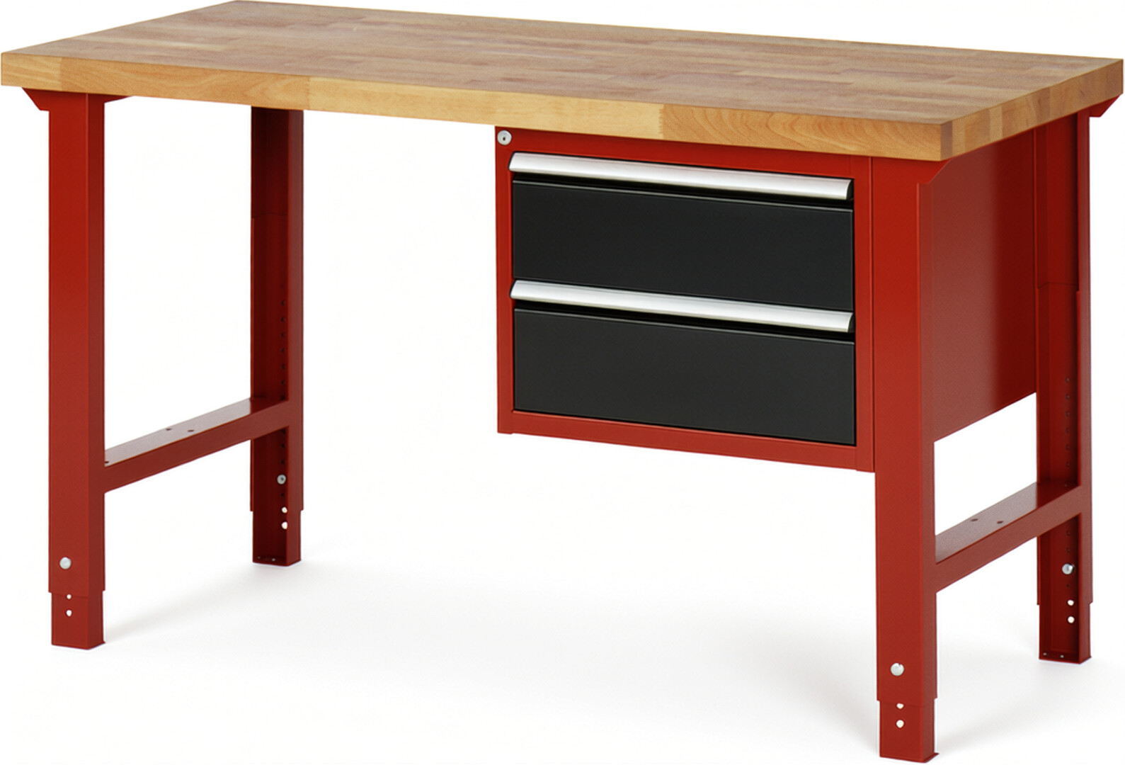 Werkbank Modell 7125 rot - schwarz, BxTxH 1500x700x790-1140 mm,  Buche-Massiv Arbeitsplatte 40 mm,  2 Schubladen mit  Auszug 90 %
