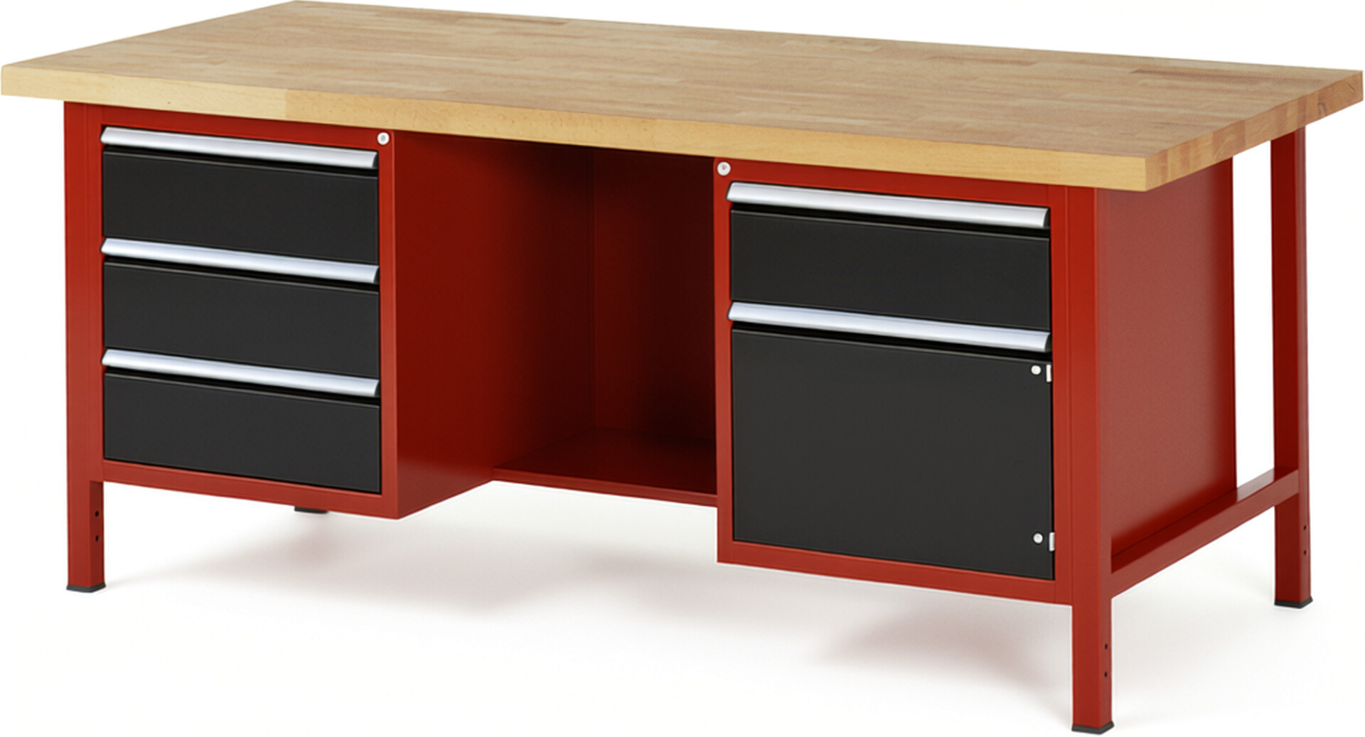 Werkbank Modell 8552 rot - schwarz, BxTxH 2000x900x840-1040 mm,  Buche-Massiv Arbeitsplatte 40 mm,  4 Schubladen mit  Auszug 90 %