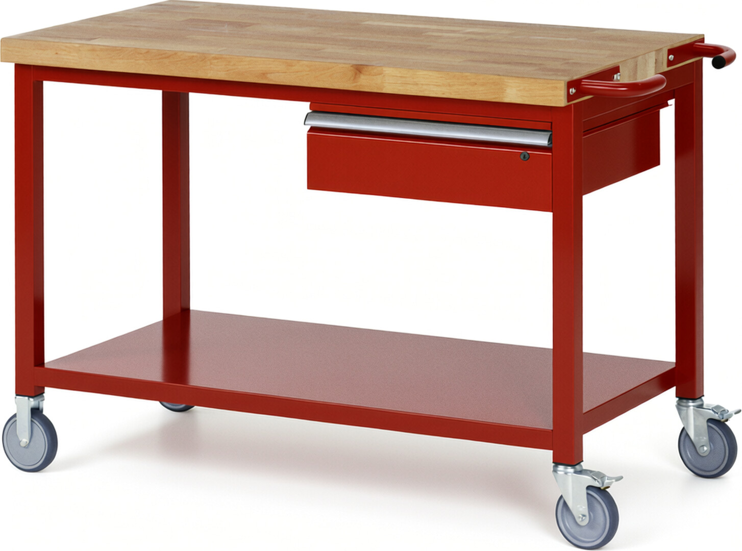Fahrbare Werkbank Modell 8001 rot, BxTxH 1250x700x880-1080 mm,  Buche-Massiv Arbeitsplatte 40 mm,  1 Schublade mit  Auszug 90 %