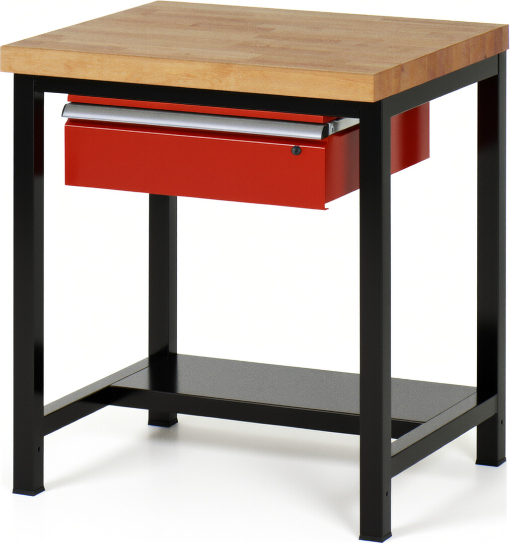 RAU Werkbank schwarz - rot - Breite 75 cm - Tiefe 90 cm - Höhe 104 cm - Buche-Massiv Arbeitsplatte 40 mm