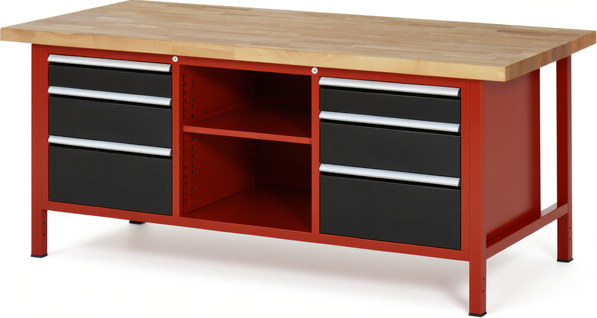 Werkbank Modell 8564 rot - schwarz, BxTxH 2000x900x840 mm,  Buche-Massiv Arbeitsplatte 40 mm,  6 Schubladen mit  Vollauszug 100 % und  SoftClosing