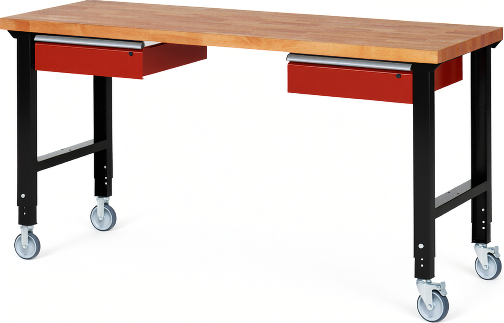 RAU Werkbank schwarz - rot - Breite 200 cm - Tiefe 70 cm - Höhe 100 cm - Buche-Massiv Arbeitsplatte 40 mm