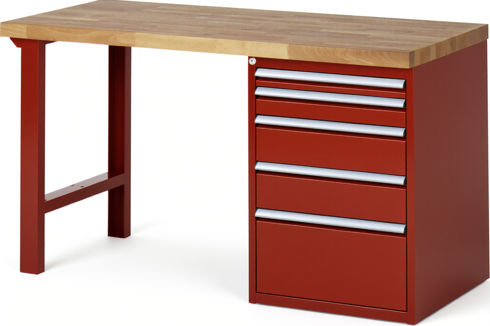 Werkbank Modell 7511 rot, BxTxH 1500x700x890 mm,  Buche-Massiv Arbeitsplatte 40 mm,  5 Schubladen mit  Auszug 90 %