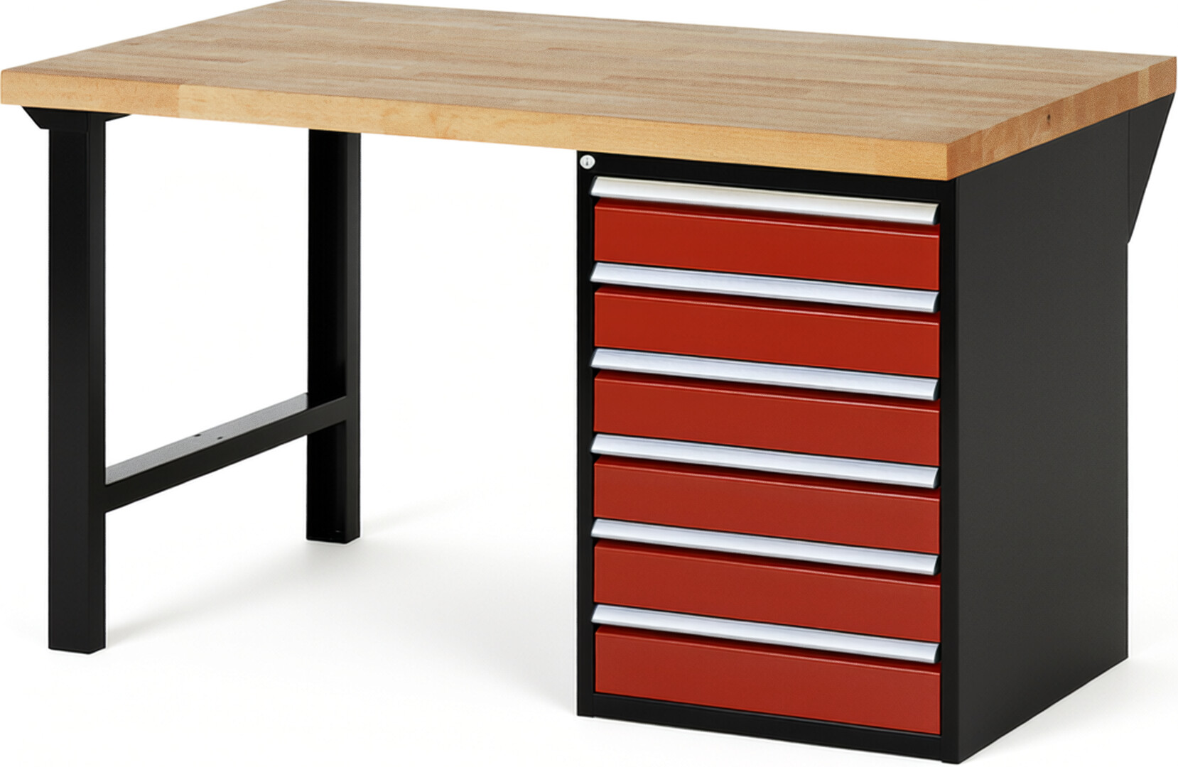 RAU Werkbank schwarz - rot - Breite 150 cm - Tiefe 90 cm - Höhe 89 cm - Buche-Massiv Arbeitsplatte 40 mm
