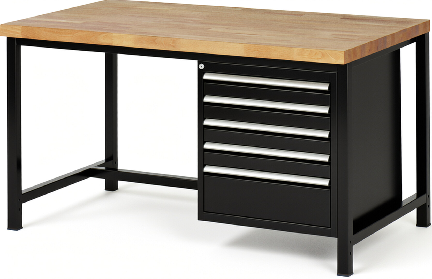Werkbank Modell 8168 schwarz, BxTxH 1500x900x840 mm,  Buche-Massiv Arbeitsplatte 40 mm,  5 Schubladen mit  Auszug 90 %