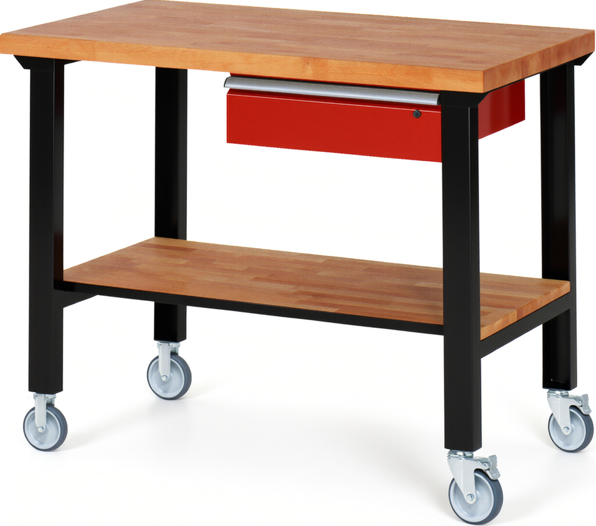 RAU Werkbank schwarz - rot - Breite 125 cm - Tiefe 70 cm - Höhe 100 cm - Buche-Massiv Arbeitsplatte 40 mm