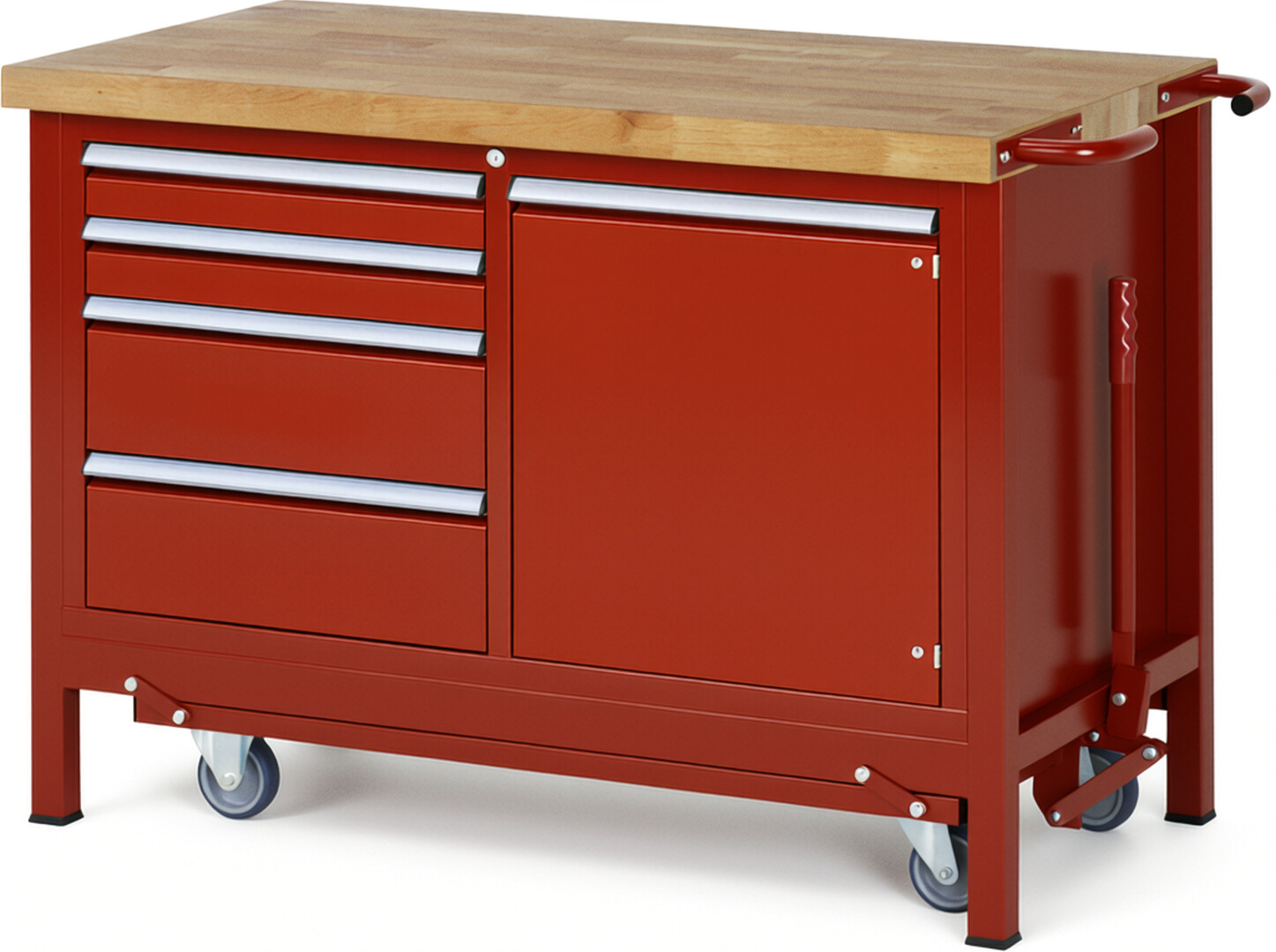 Absenkbare Werkbank Modell 8470 rot, BxTxH 1250x700x880 mm,  Buche-Massiv Arbeitsplatte 40 mm,  4 Schubladen mit  Vollauszug 100 % und  SoftClosing