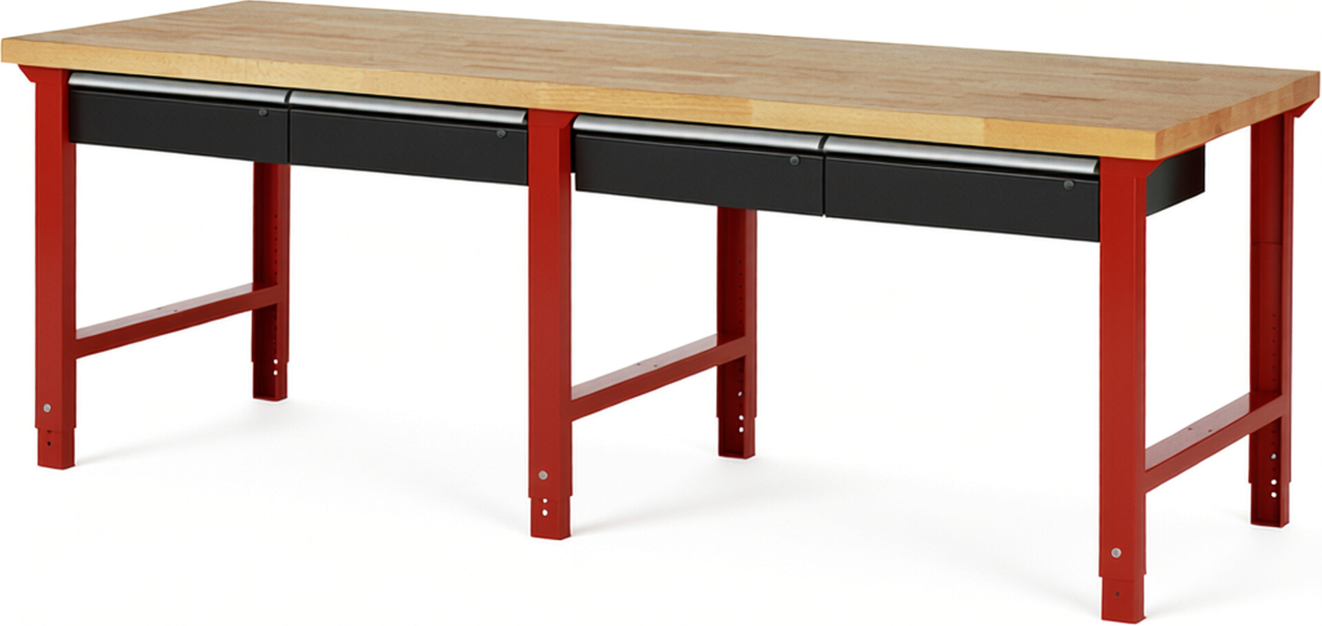 Werkbank Modell 7002 rot - schwarz, BxTxH 2500x900x790-1140 mm,  Buche-Massiv Arbeitsplatte 40 mm,  4 Schubladen mit  Auszug 90 %