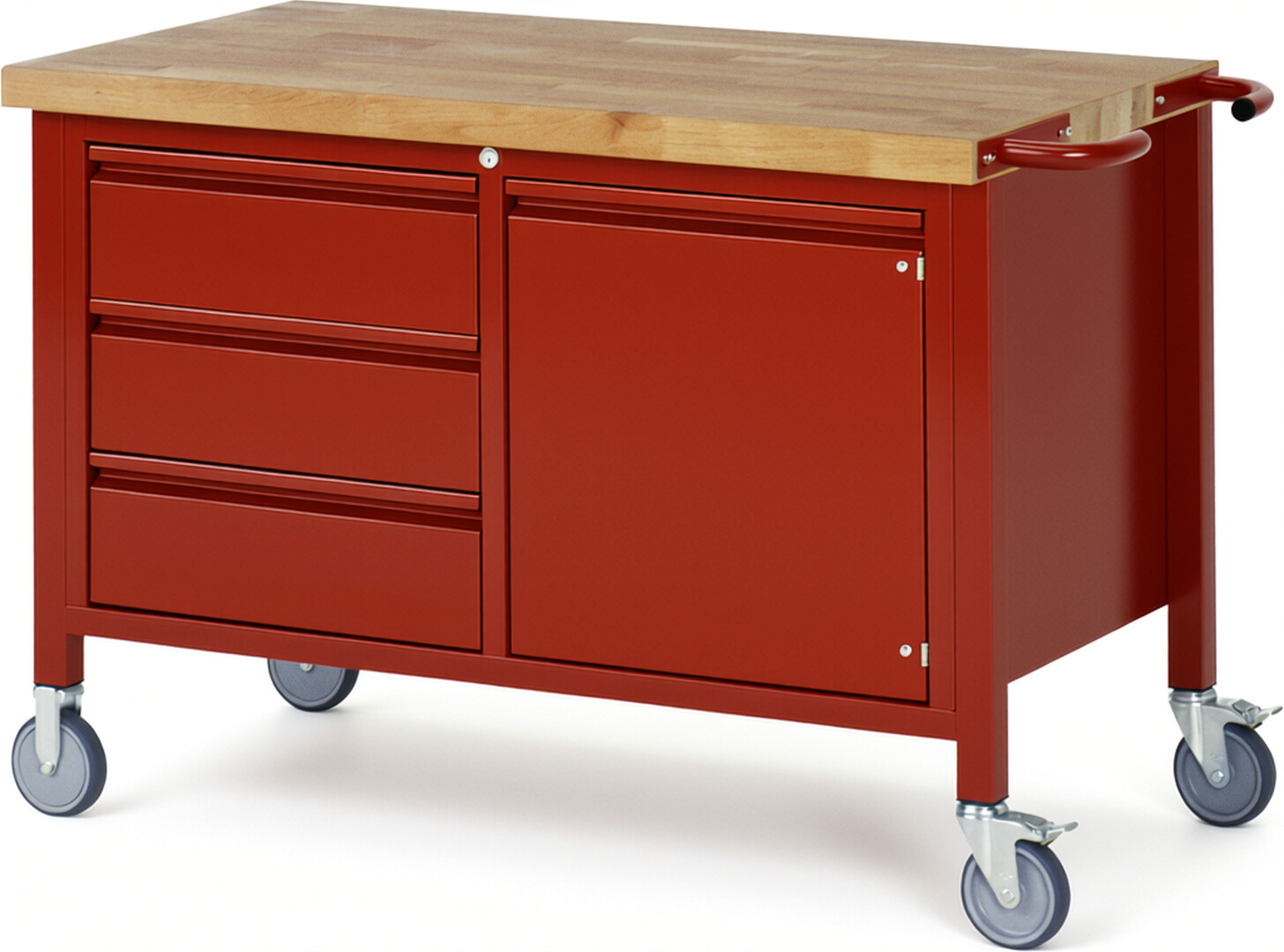 Fahrbare Werkbank - Modell 8468 BASIC rot, BxTxH 1250x700x880 mm,  Buche-Massiv Arbeitsplatte 40 mm,  3 Schubladen mit  Auszug 90 %