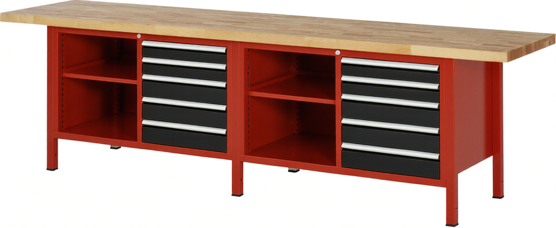 Werkbank Modell 8464 rot - schwarz, BxTxH 3000x700x840-1040 mm,  Buche-Massiv Arbeitsplatte 40 mm,  10 Schubladen mit  Vollauszug 100 % und  SoftClosing