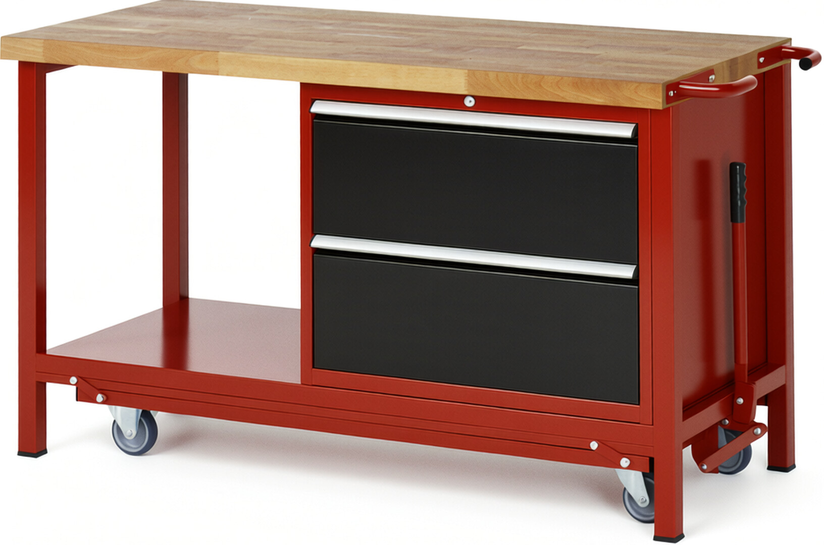 Absenkbare Werkbank Modell 8255 rot - schwarz, BxTxH 1500x700x880 mm,  Buche-Massiv Arbeitsplatte 40 mm,  2 Schubladen mit  Vollauszug 100 % und  SoftClosing