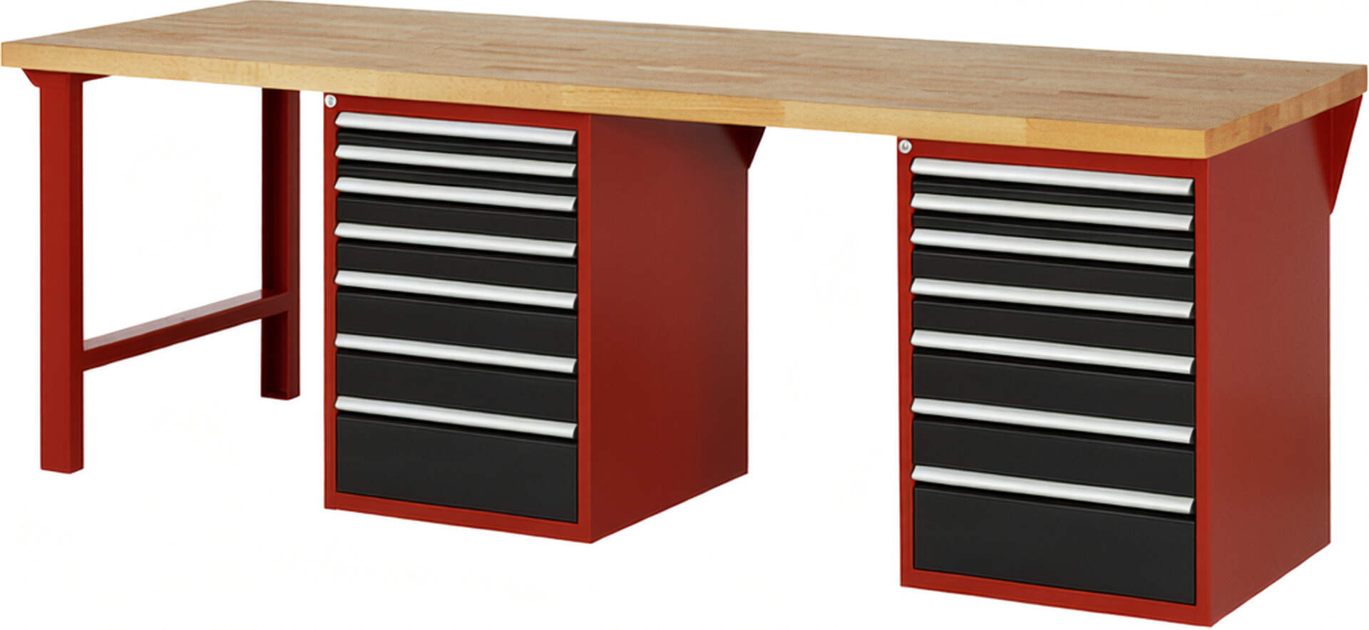 Werkbank Modell 7517 rot - schwarz, BxTxH 2500x900x840 mm,  Buche-Massiv Arbeitsplatte 40 mm,  14 Schubladen mit  Auszug 90 %
