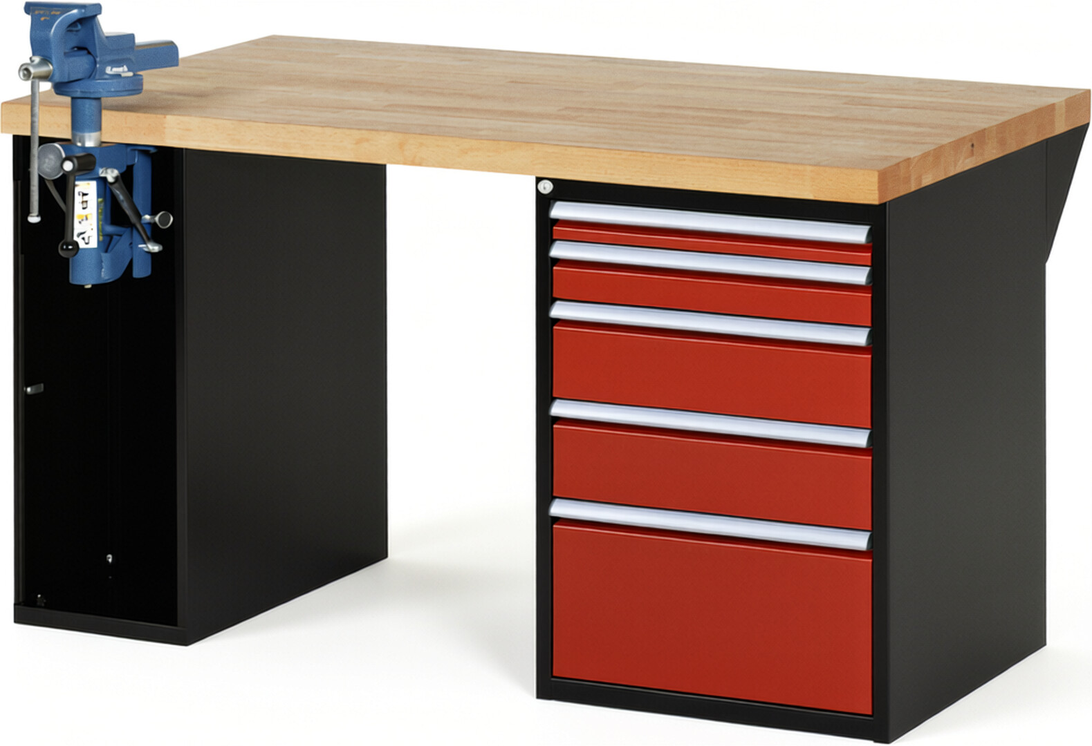 RAU Werkbank schwarz - rot - Breite 150 cm - Tiefe 90 cm - Höhe 89 cm - Buche-Massiv Arbeitsplatte 40 mm