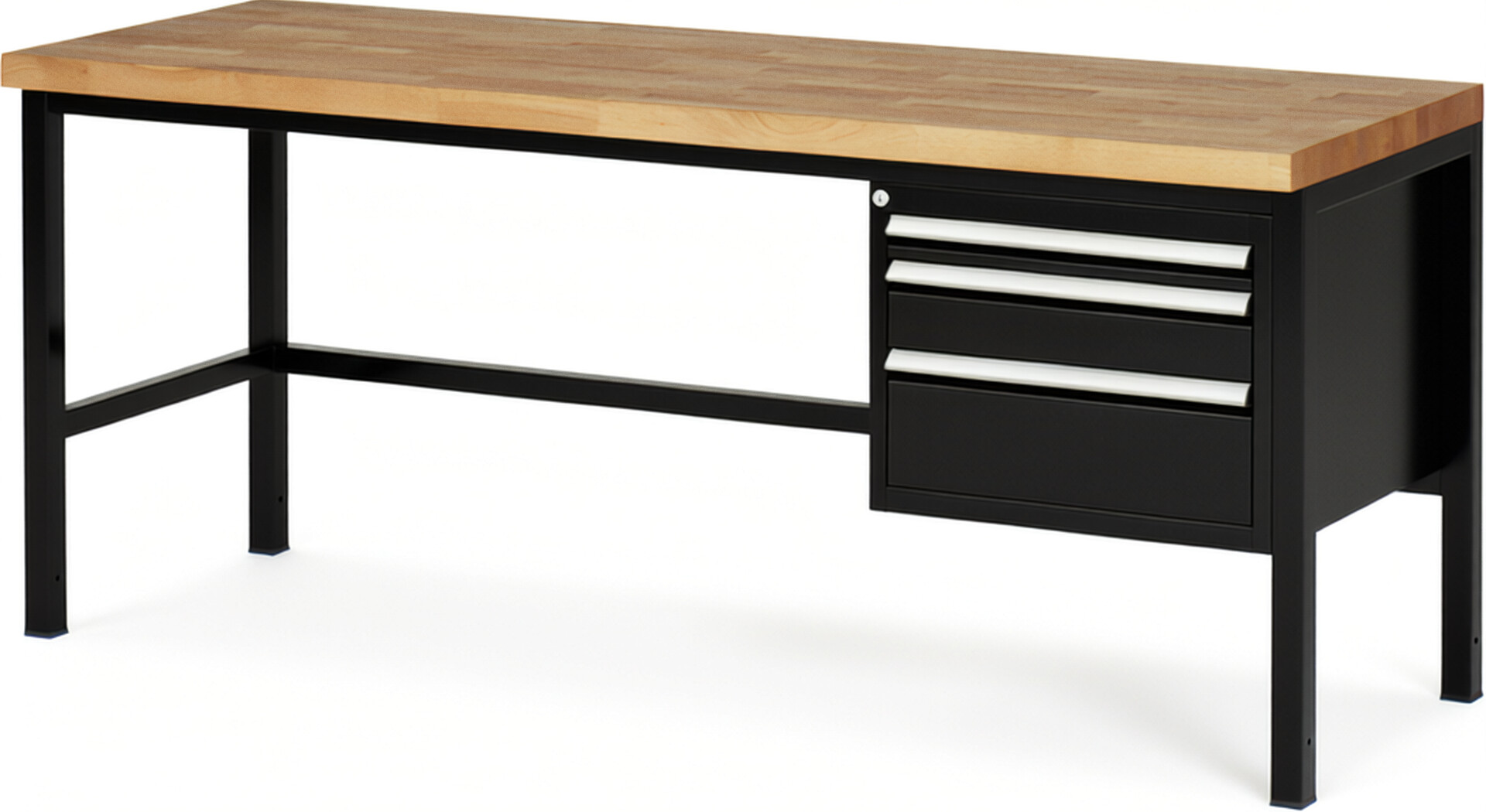 Werkbank Modell 8126 schwarz, BxTxH 2000x700x840-1040 mm,  Buche-Massiv Arbeitsplatte 40 mm,  3 Schubladen mit  Vollauszug 100 % und  SoftClosing