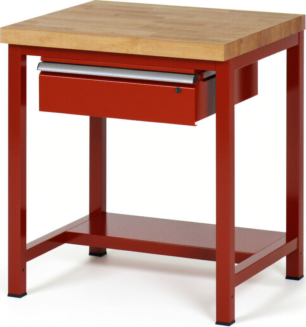 Werkbank Modell 8001 rot, BxTxH 750x700x840 mm,  Buche-Massiv Arbeitsplatte 40 mm,  1 Schublade mit  Auszug 90 %