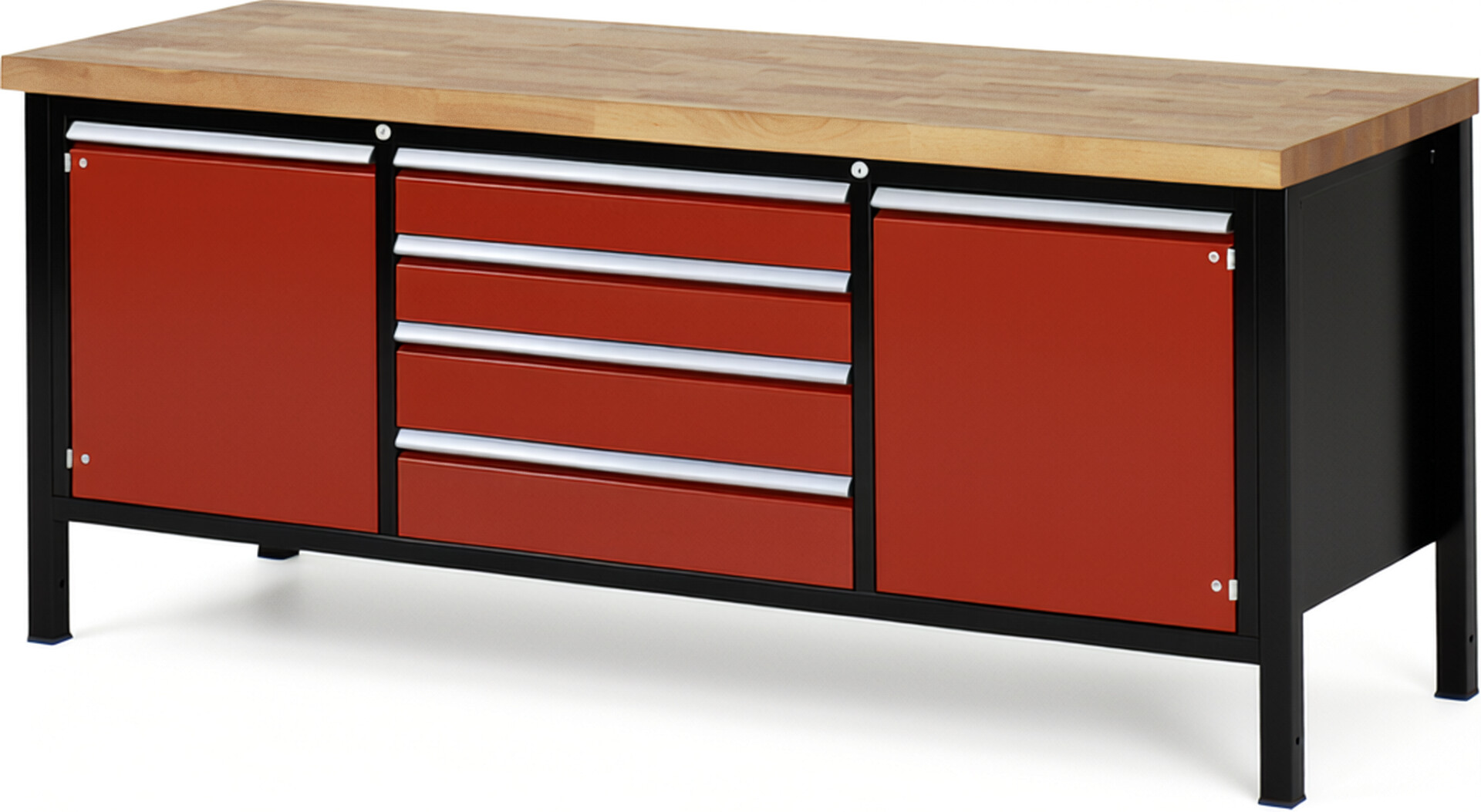 RAU Werkbank schwarz - rot - Breite 200 cm - Tiefe 70 cm - Höhe 104 cm - Buche-Massiv Arbeitsplatte 40 mm