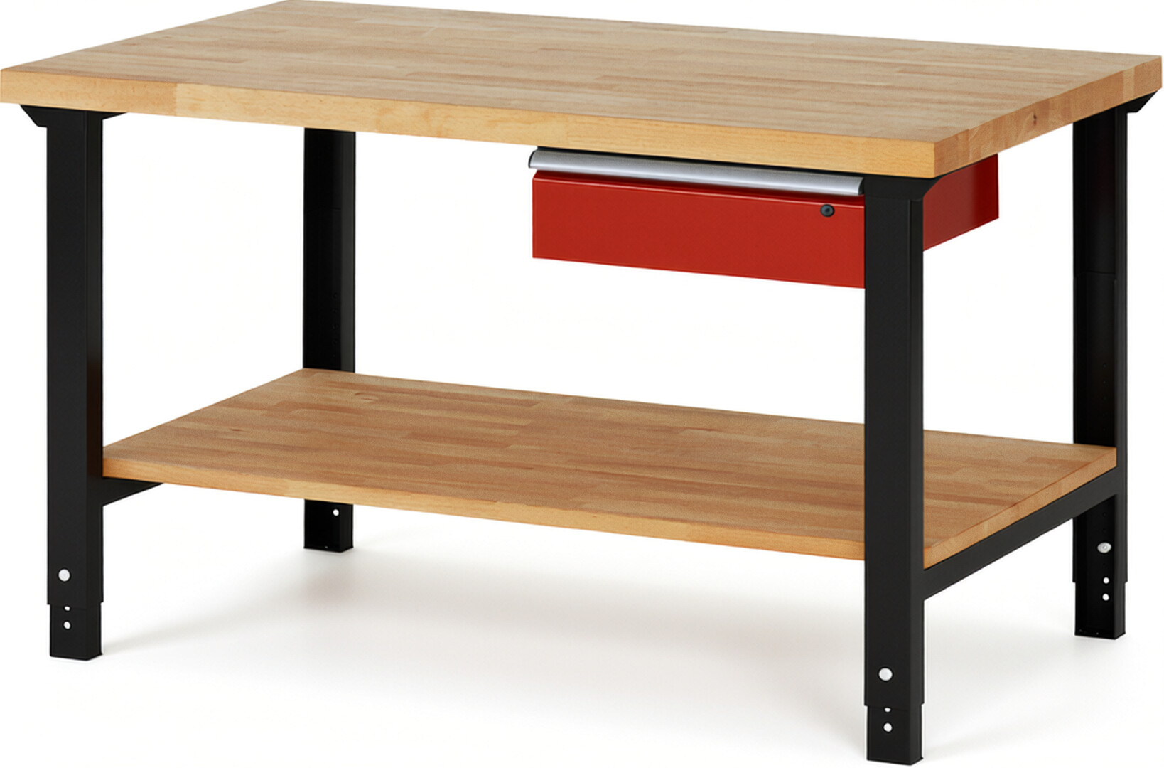 RAU Werkbank schwarz - rot - Breite 150 cm - Tiefe 90 cm - Höhe 114 cm - Buche-Massiv Arbeitsplatte 40 mm