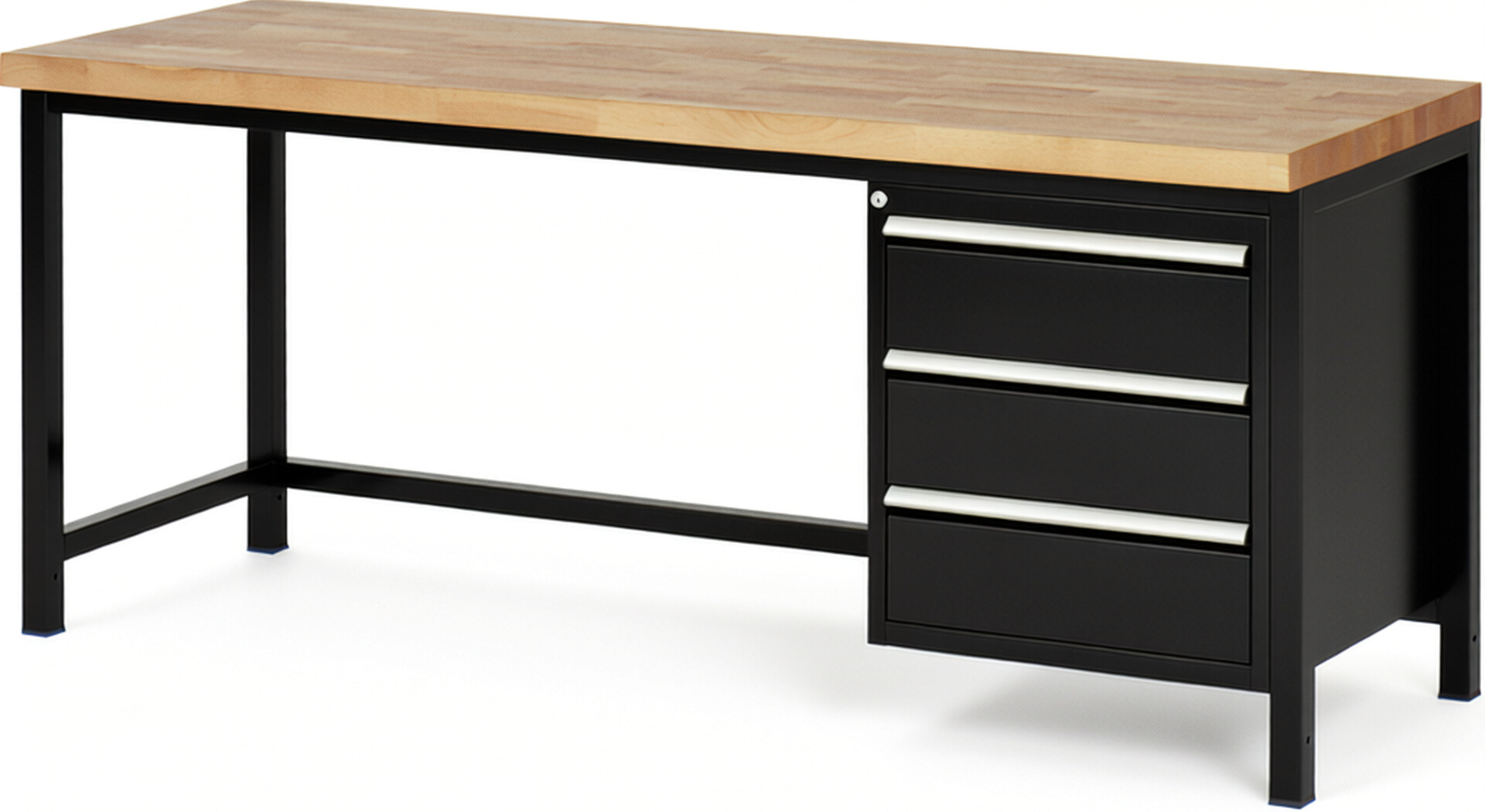 Werkbank Modell 8157 schwarz, BxTxH 2000x700x840 mm,  Buche-Massiv Arbeitsplatte 40 mm,  3 Schubladen mit  Vollauszug 100 % und  SoftClosing
