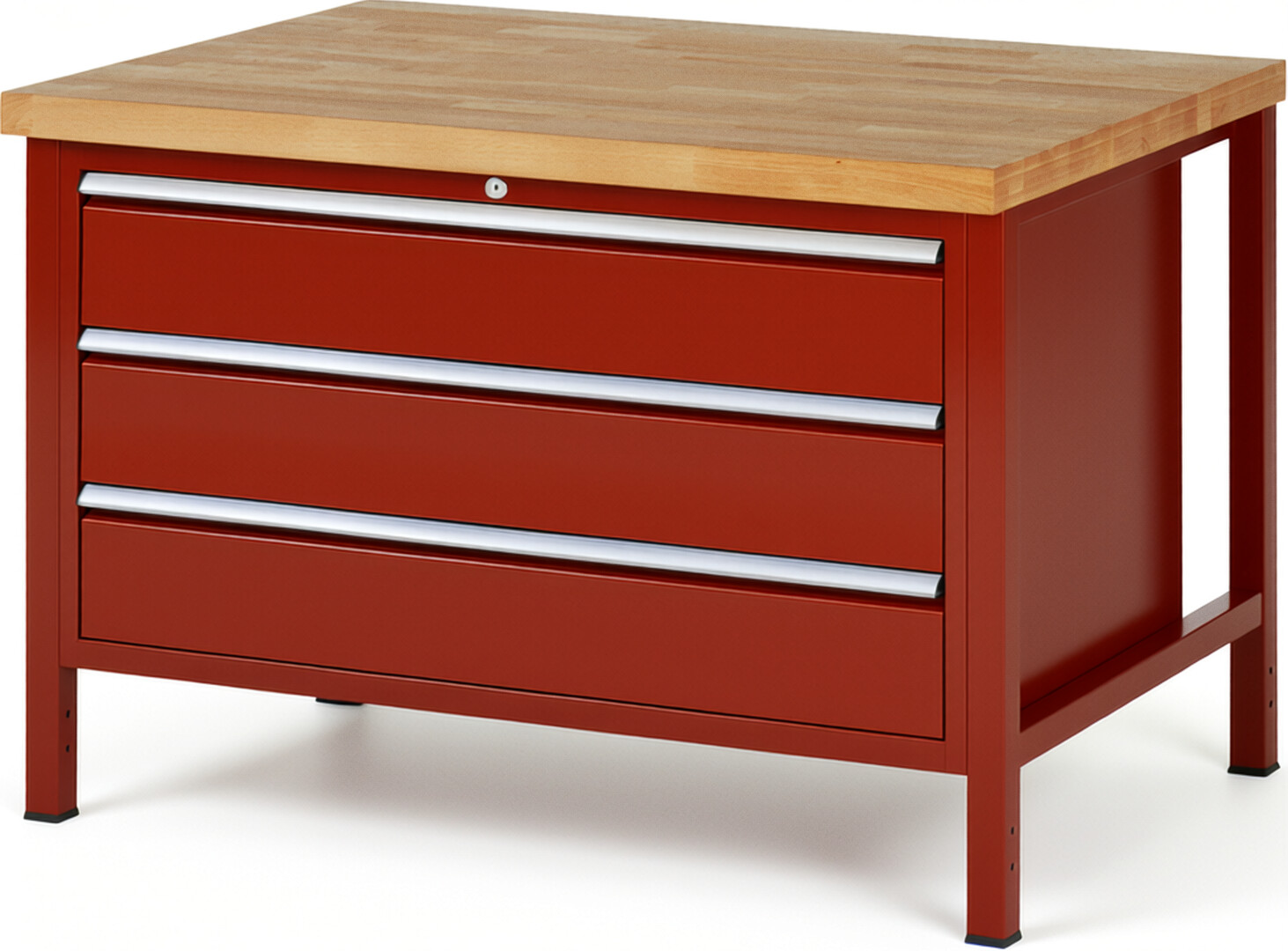 Werkbank Modell 8357 rot, BxTxH 1250x900x840 mm,  Buche-Massiv Arbeitsplatte 40 mm,  3 Schubladen mit  Vollauszug 100 % und  SoftClosing
