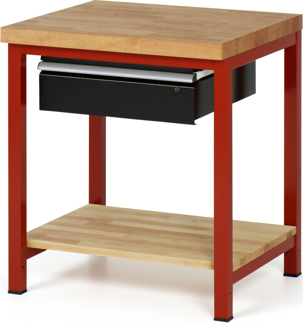 Werkbank Modell 8001 rot - schwarz, BxTxH 750x700x840-1040 mm,  Buche-Massiv Arbeitsplatte 40 mm,  1 Schublade mit  Auszug 90 %