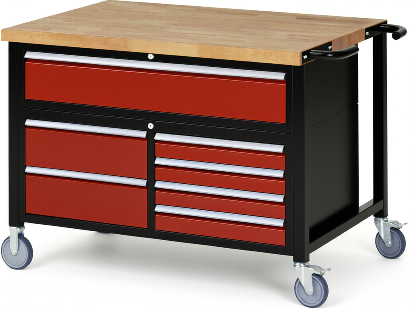 RAU Werkbank schwarz - rot - Breite 125 cm - Tiefe 90 cm - Höhe 108 cm - Buche-Massiv Arbeitsplatte 40 mm