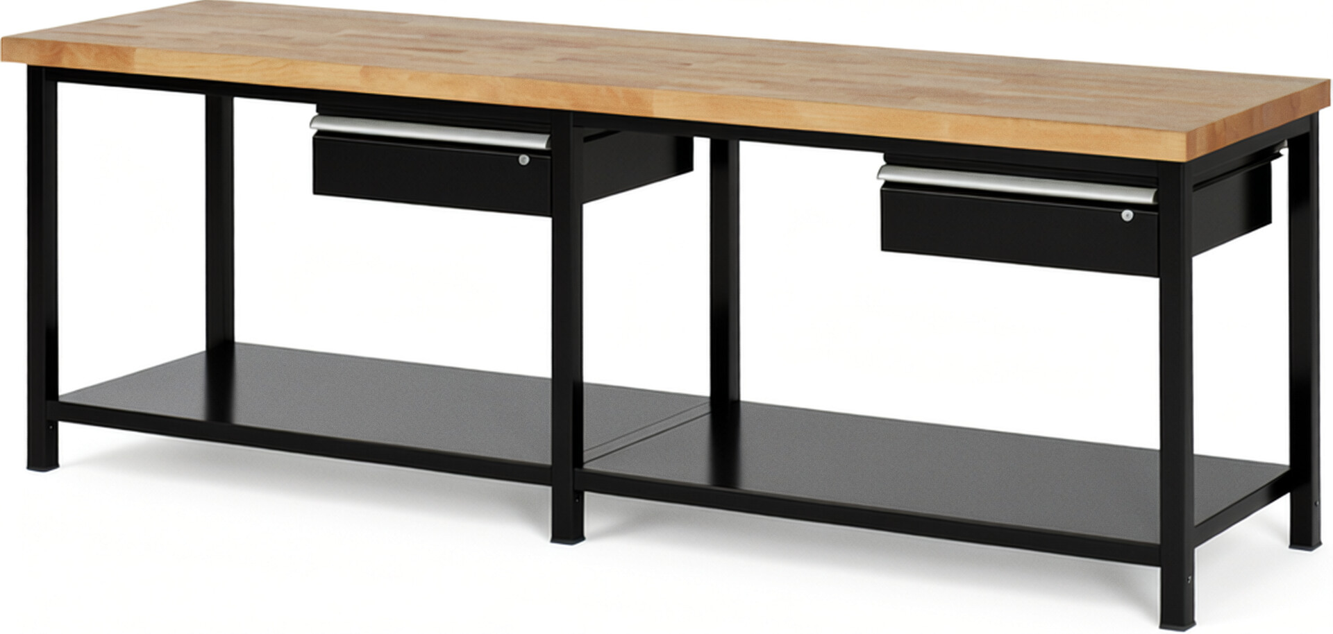 Werkbank Modell 8001 schwarz, BxTxH 2500x700x840 mm,  Buche-Massiv Arbeitsplatte 40 mm,  2 Schubladen mit  Auszug 90 %