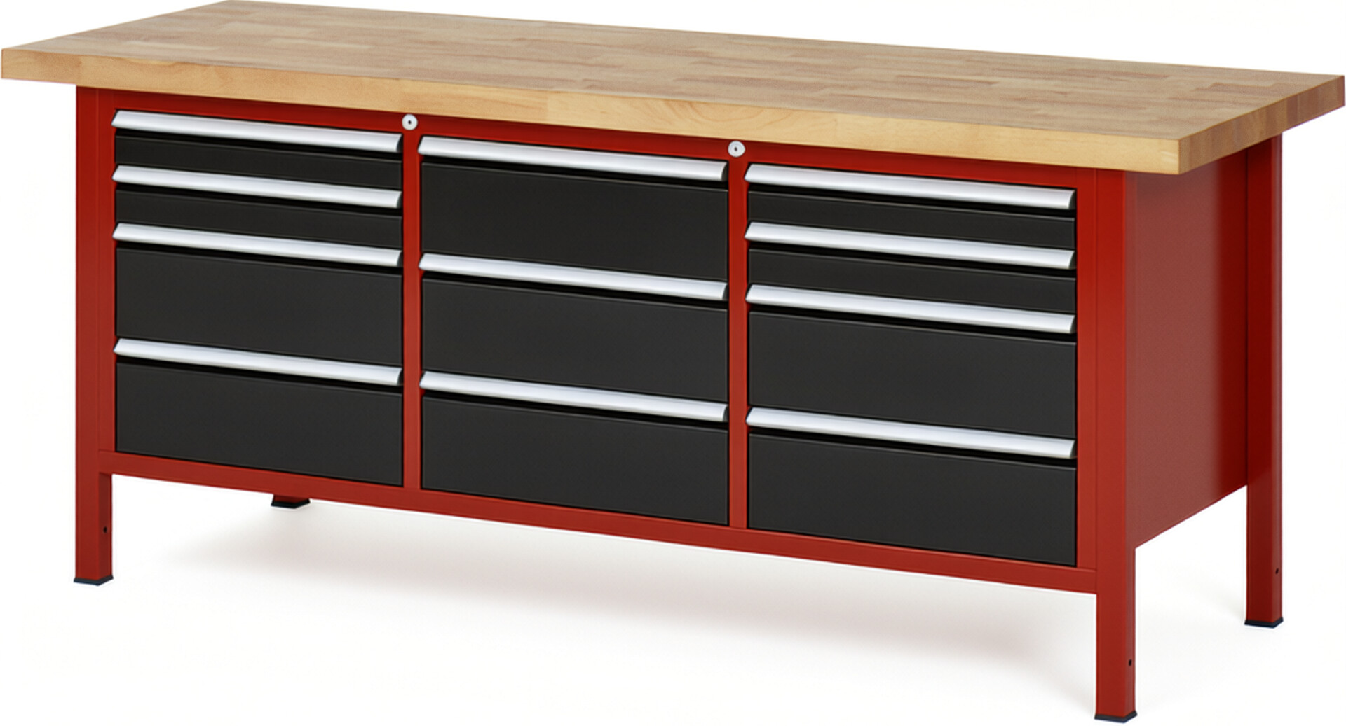 Werkbank Modell 8577 rot - schwarz, BxTxH 2000x700x840 mm,  Buche-Massiv Arbeitsplatte 40 mm,  11 Schubladen mit  Vollauszug 100 % und  SoftClosing