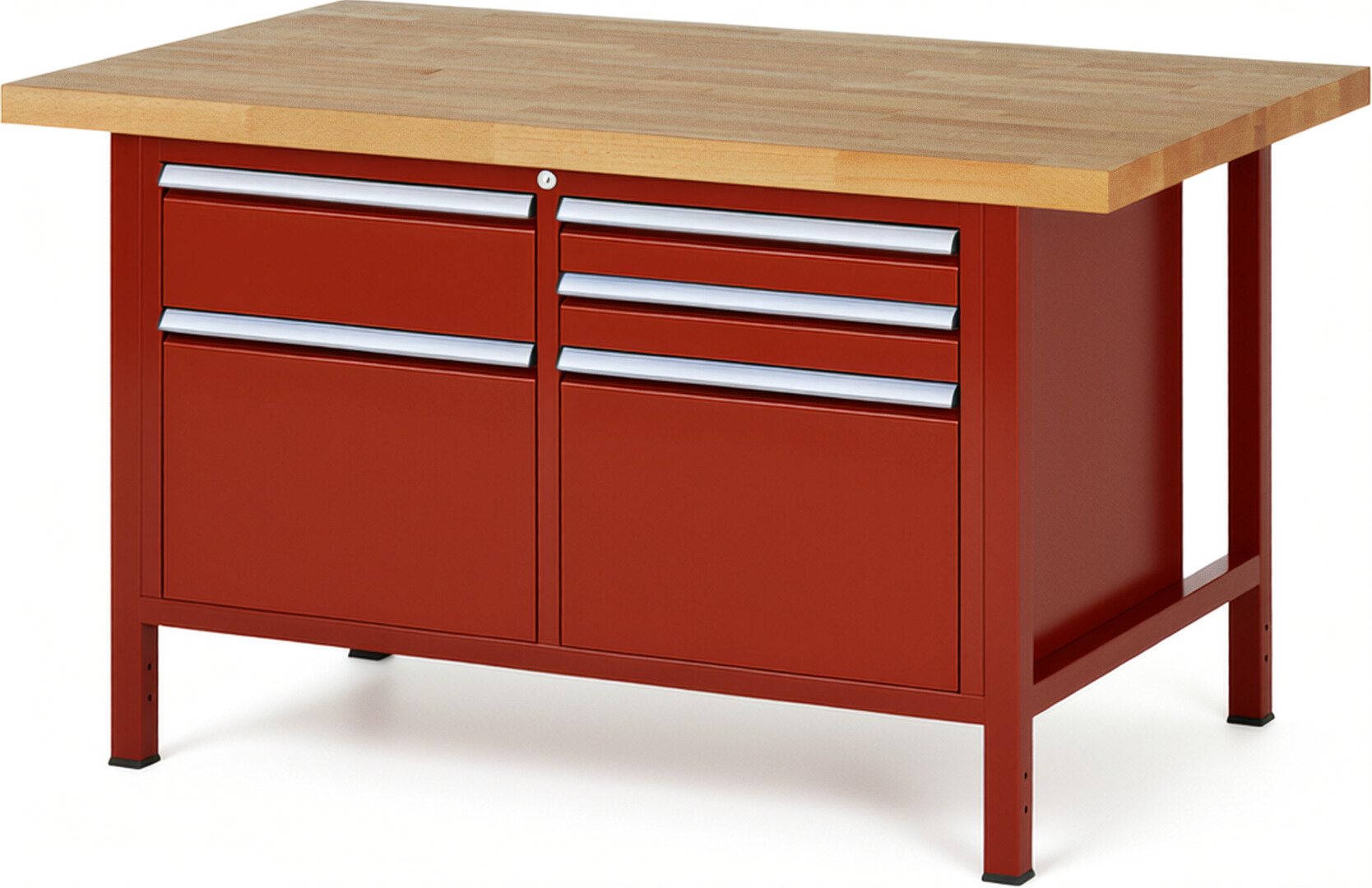 Werkbank Modell 8472 rot, BxTxH 1500x900x840 mm,  Buche-Massiv Arbeitsplatte 40 mm,  5 Schubladen mit  Auszug 90 %