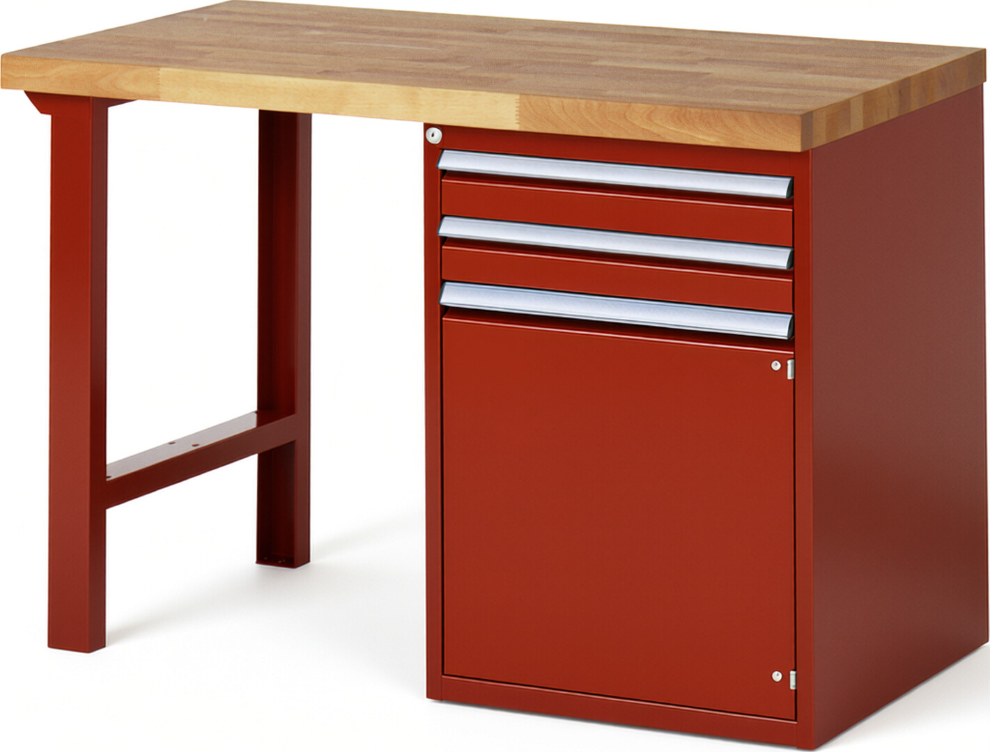Werkbank Modell 7503 rot, BxTxH 1250x700x890 mm,  Buche-Massiv Arbeitsplatte 40 mm,  2 Schubladen mit  Auszug 90 %