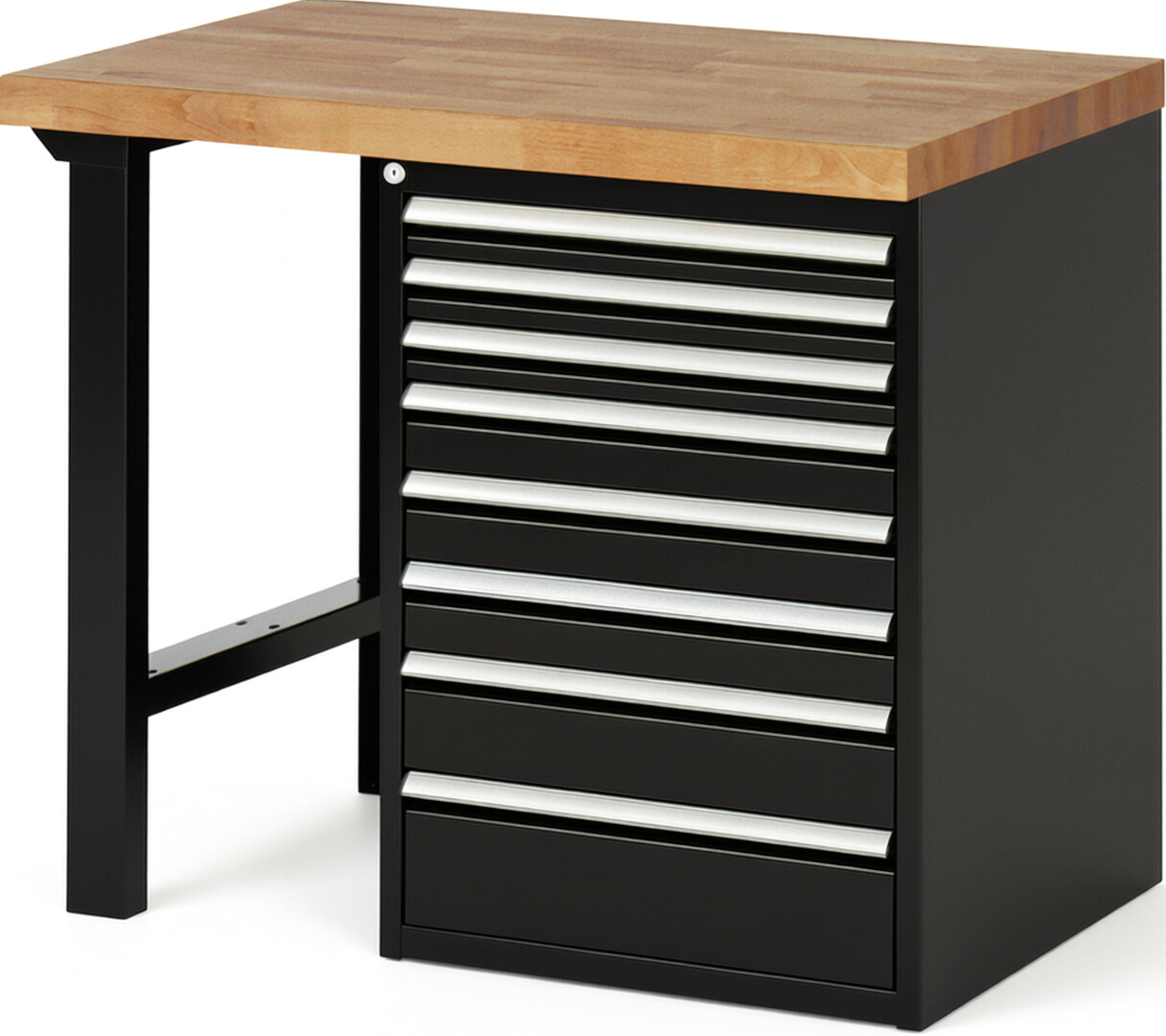 Werkbank Modell 7519 schwarz, BxTxH 1000x700x890 mm,  Buche-Massiv Arbeitsplatte 40 mm,  8 Schubladen mit  Auszug 90 %
