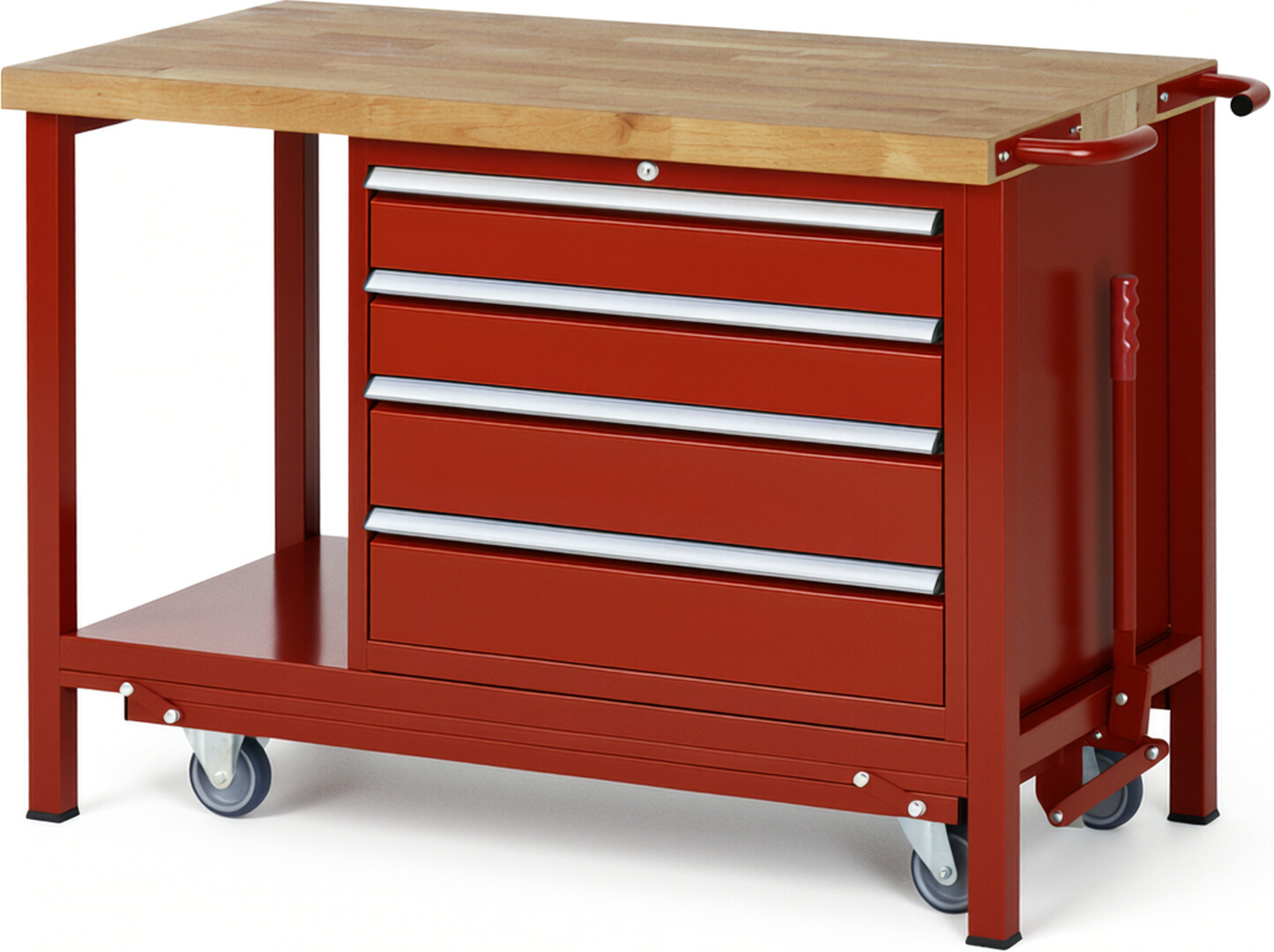 Absenkbare Werkbank Modell 8262 rot, BxTxH 1250x700x880 mm,  Buche-Massiv Arbeitsplatte 40 mm,  4 Schubladen mit  Vollauszug 100 % und  SoftClosing