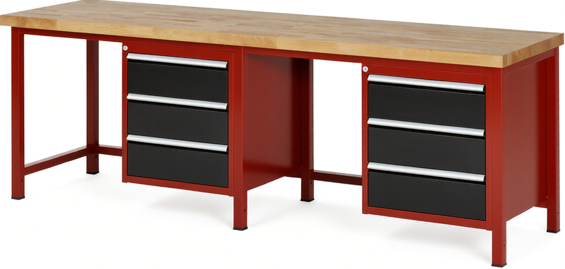 Werkbank Modell 8157 rot - schwarz, BxTxH 2500x700x840 mm,  Buche-Massiv Arbeitsplatte 40 mm,  6 Schubladen mit  Vollauszug 100 % und  SoftClosing