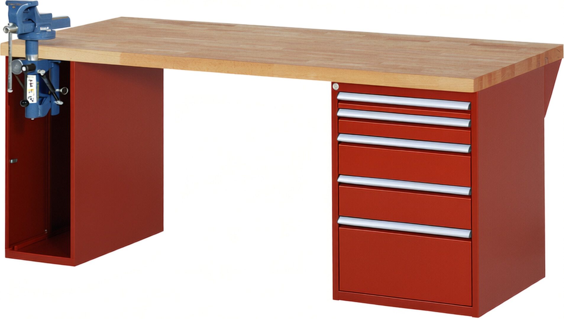 Werkbank Modell 7511 rot, BxTxH 2000x900x890 mm,  Buche-Massiv Arbeitsplatte 40 mm,  5 Schubladen mit  Auszug 90 %
