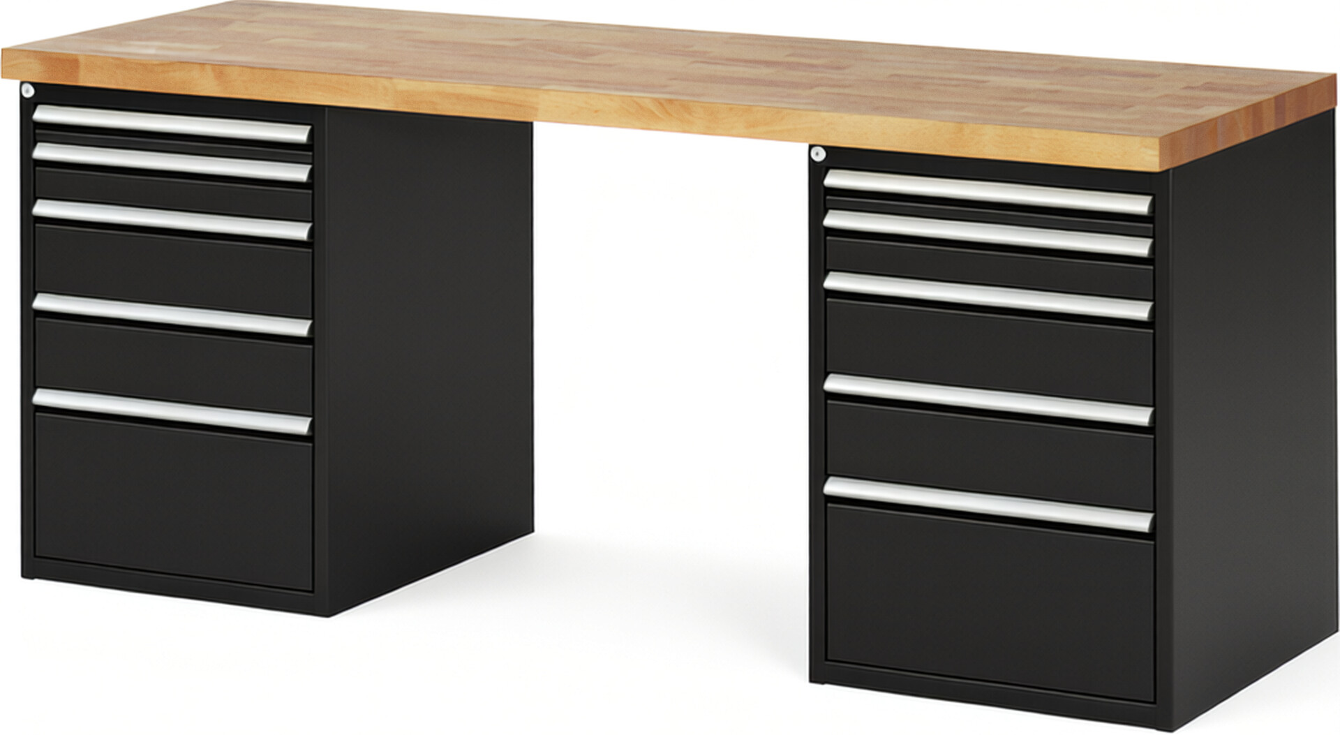 Werkbank Modell 7511 schwarz, BxTxH 2000x700x890 mm,  Buche-Massiv Arbeitsplatte 40 mm,  10 Schubladen mit  Auszug 90 %