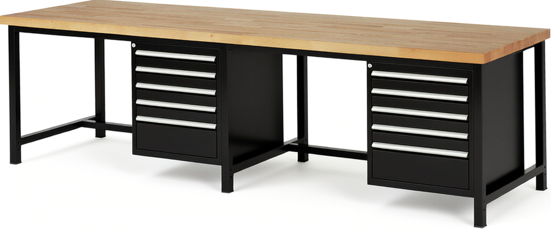Werkbank Modell 8168 schwarz, BxTxH 3000x900x840-1040 mm,  Buche-Massiv Arbeitsplatte 40 mm,  10 Schubladen mit  Vollauszug 100 % und  SoftClosing