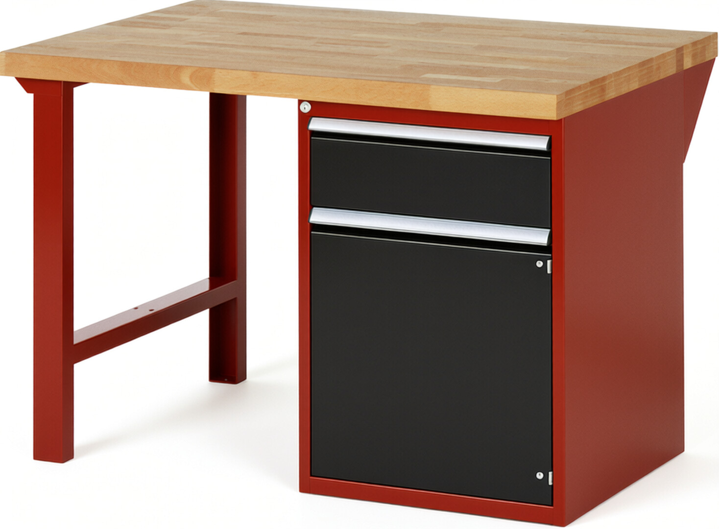 Werkbank Modell 7502 rot - schwarz, BxTxH 1250x900x890 mm,  Buche-Massiv Arbeitsplatte 40 mm,  1 Schublade mit  Vollauszug 100 % und  SoftClosing