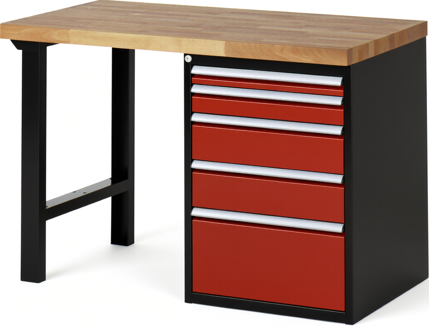 RAU Werkbank schwarz - rot - Breite 125 cm - Tiefe 70 cm - Höhe 89 cm - Buche-Massiv Arbeitsplatte 40 mm