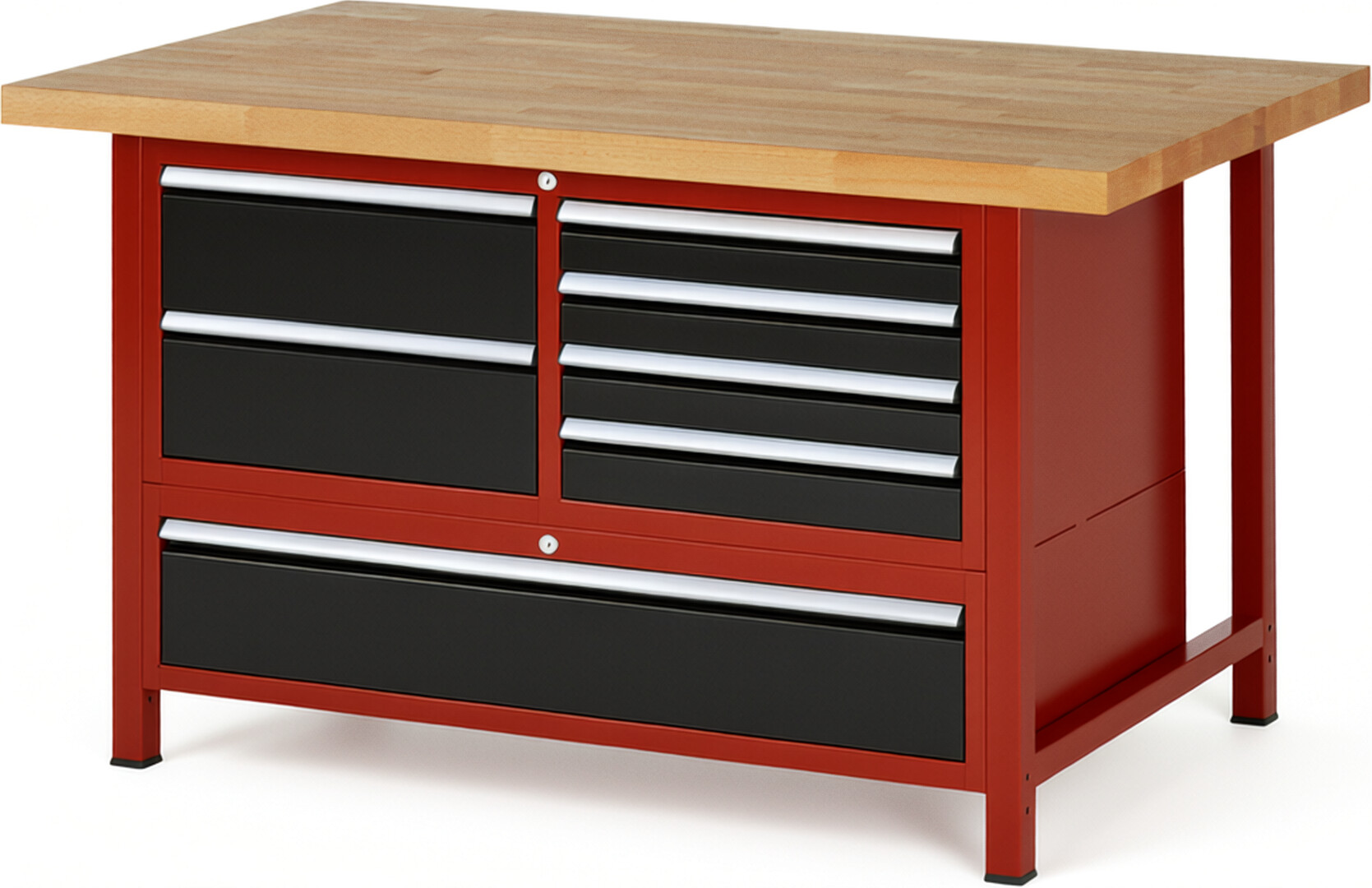 Werkbank Modell 8931 rot - schwarz, BxTxH 1500x900x840 mm,  Buche-Massiv Arbeitsplatte 40 mm,  7 Schubladen mit  Auszug 90 %