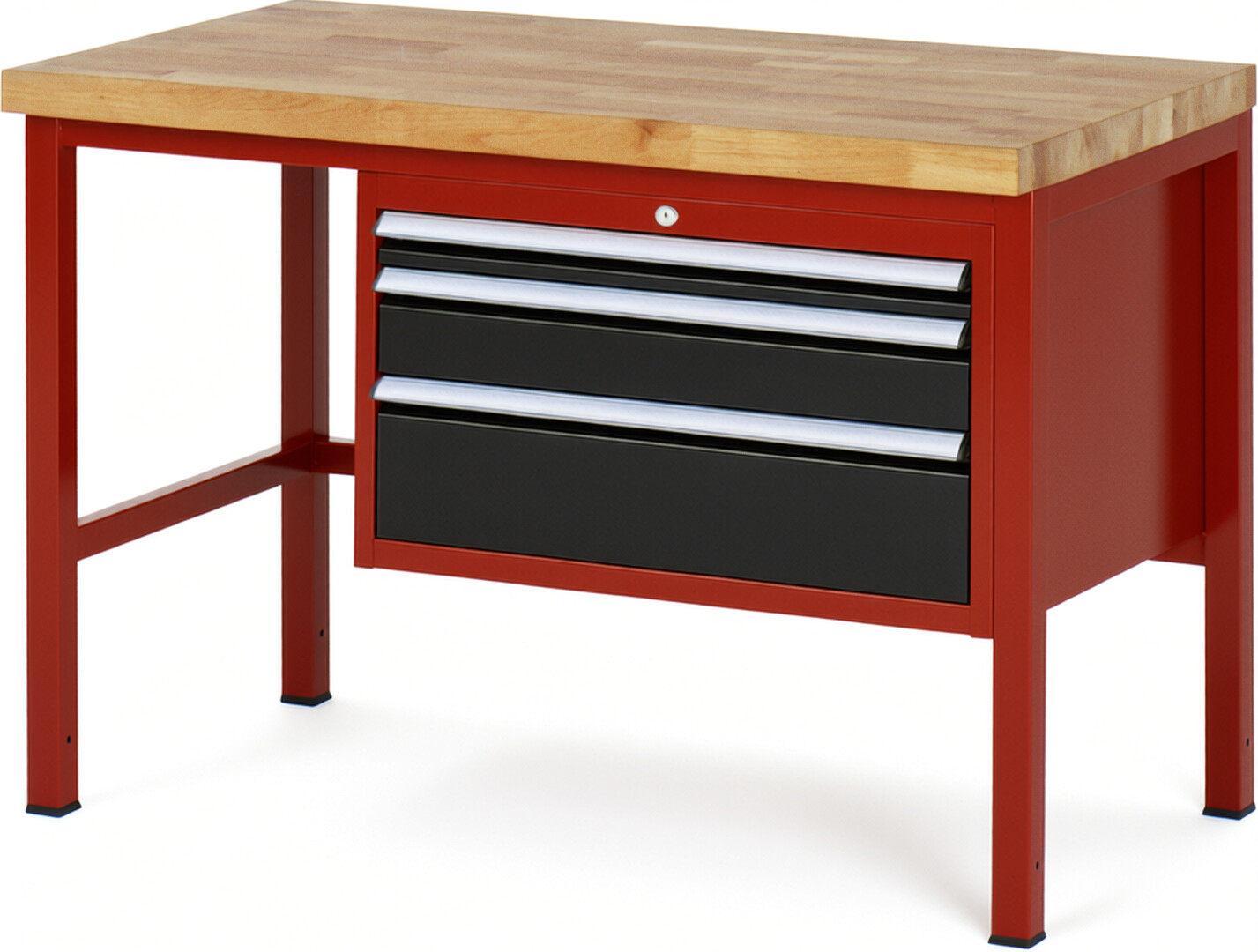 Werkbank Modell 8226 rot - schwarz, BxTxH 1250x700x840 mm,  Buche-Massiv Arbeitsplatte 40 mm,  3 Schubladen mit  Vollauszug 100 % und  SoftClosing