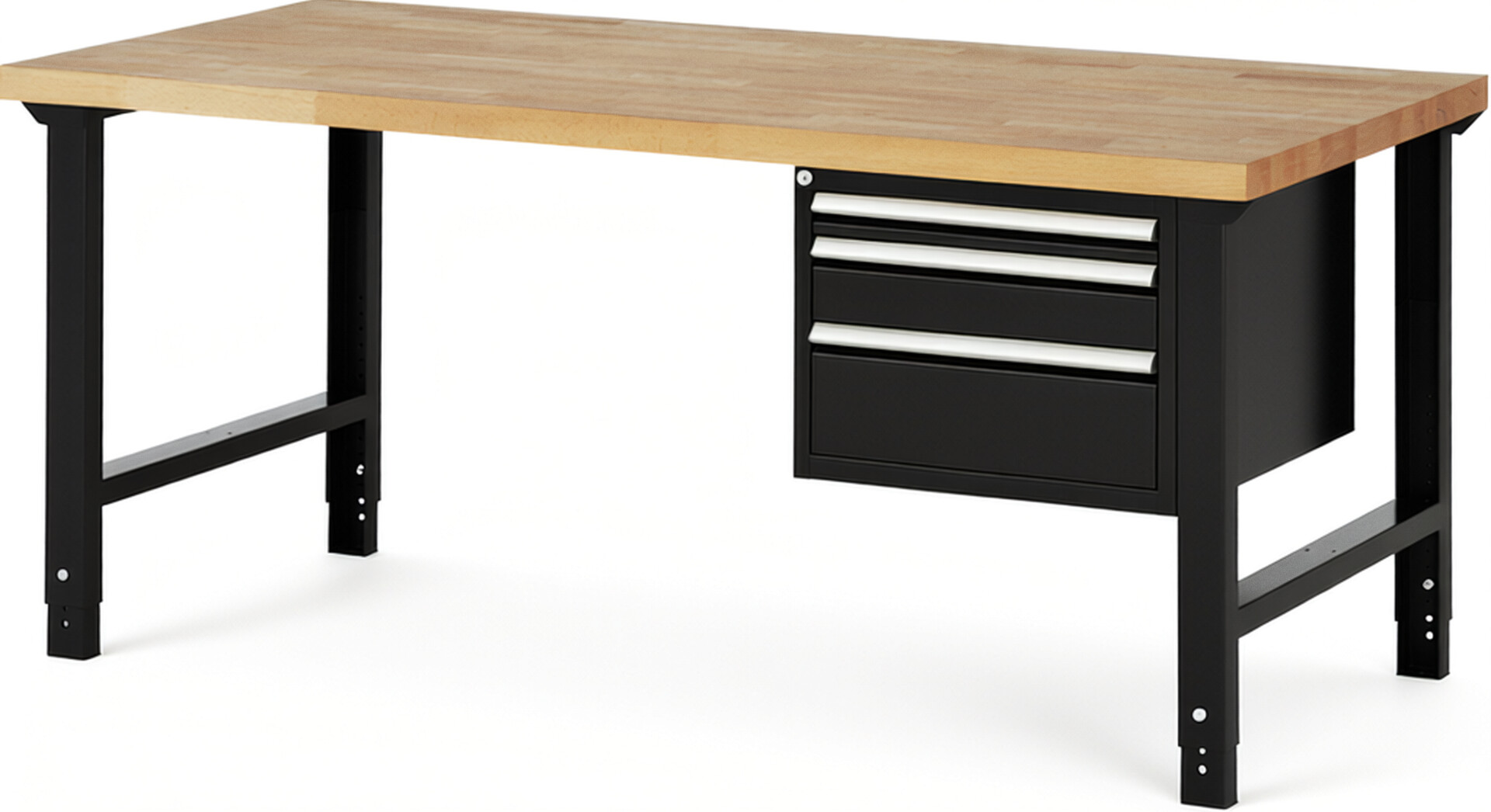 Werkbank Modell 7126 schwarz, BxTxH 2000x900x790-1140 mm,  Buche-Massiv Arbeitsplatte 40 mm,  3 Schubladen mit  Auszug 90 %