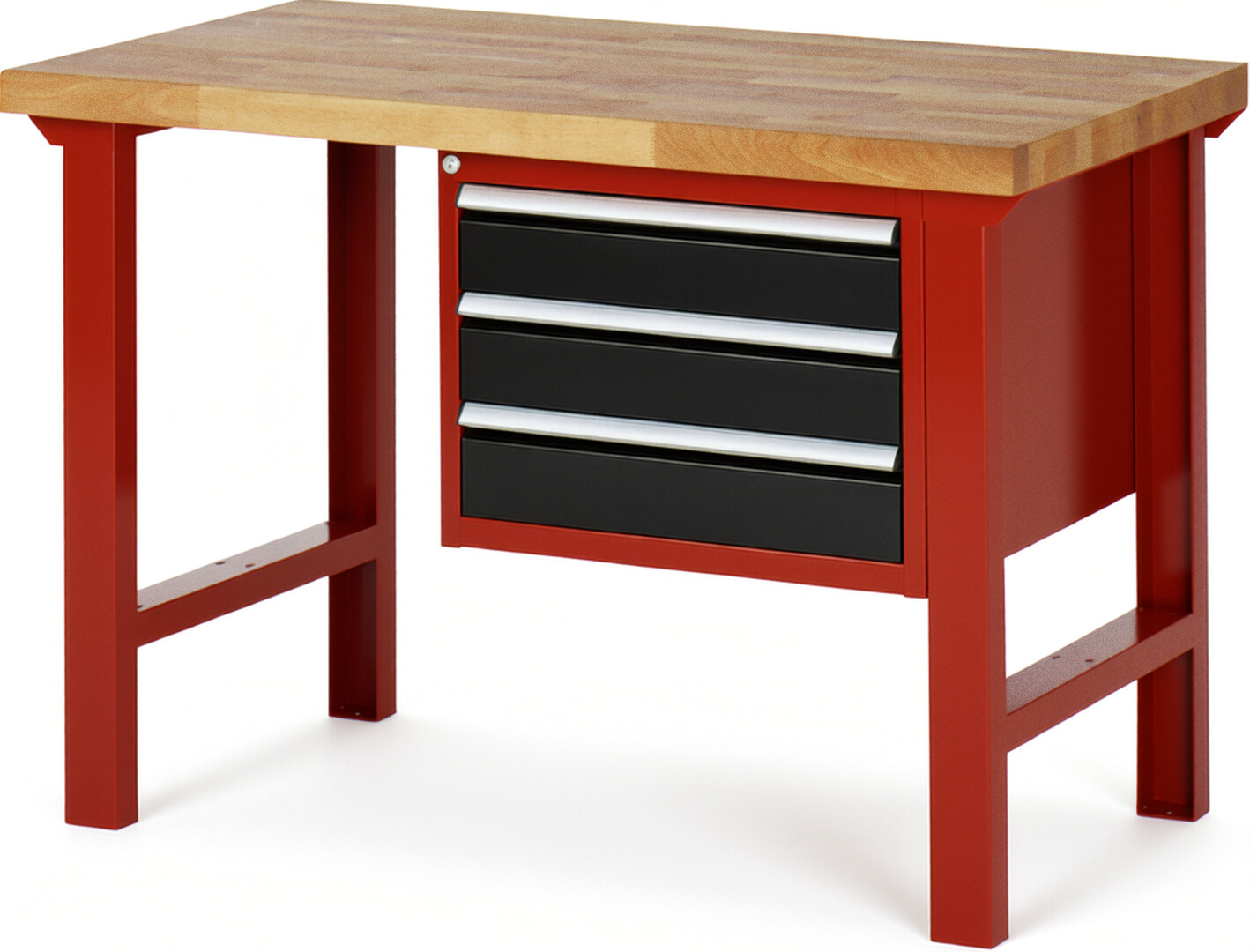 Werkbank Modell 7127 rot - schwarz, BxTxH 1250x700x840 mm,  Buche-Massiv Arbeitsplatte 40 mm,  3 Schubladen mit  Auszug 90 %